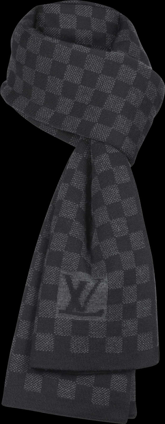 Louis Vuitton Pattern 桌布 壁紙 — 深灰色字母圖案圍巾，帶有格紋圖案和LV標誌，優雅地垂落在黑色背景上。