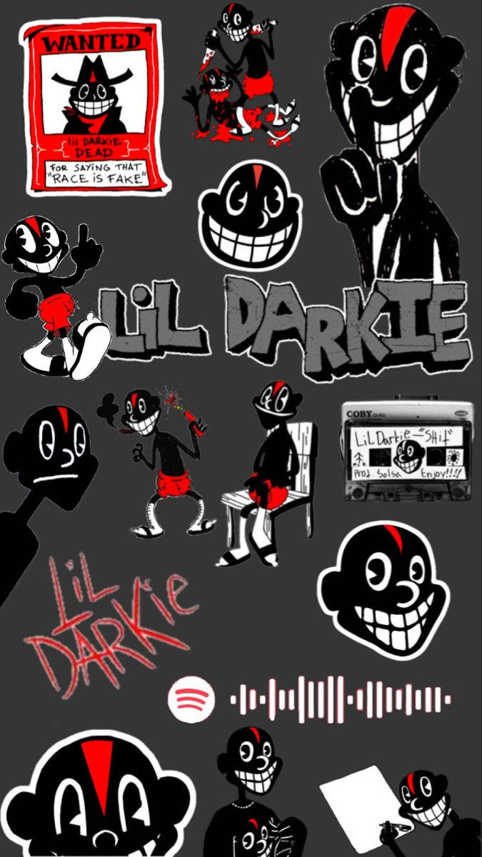 Lil Darkie 桌布 壁紙 — 深灰色拼貼畫，包含卡通角色、紅色點綴，以及一張以 Lil Darkie 為主角的『WANTED』海報。