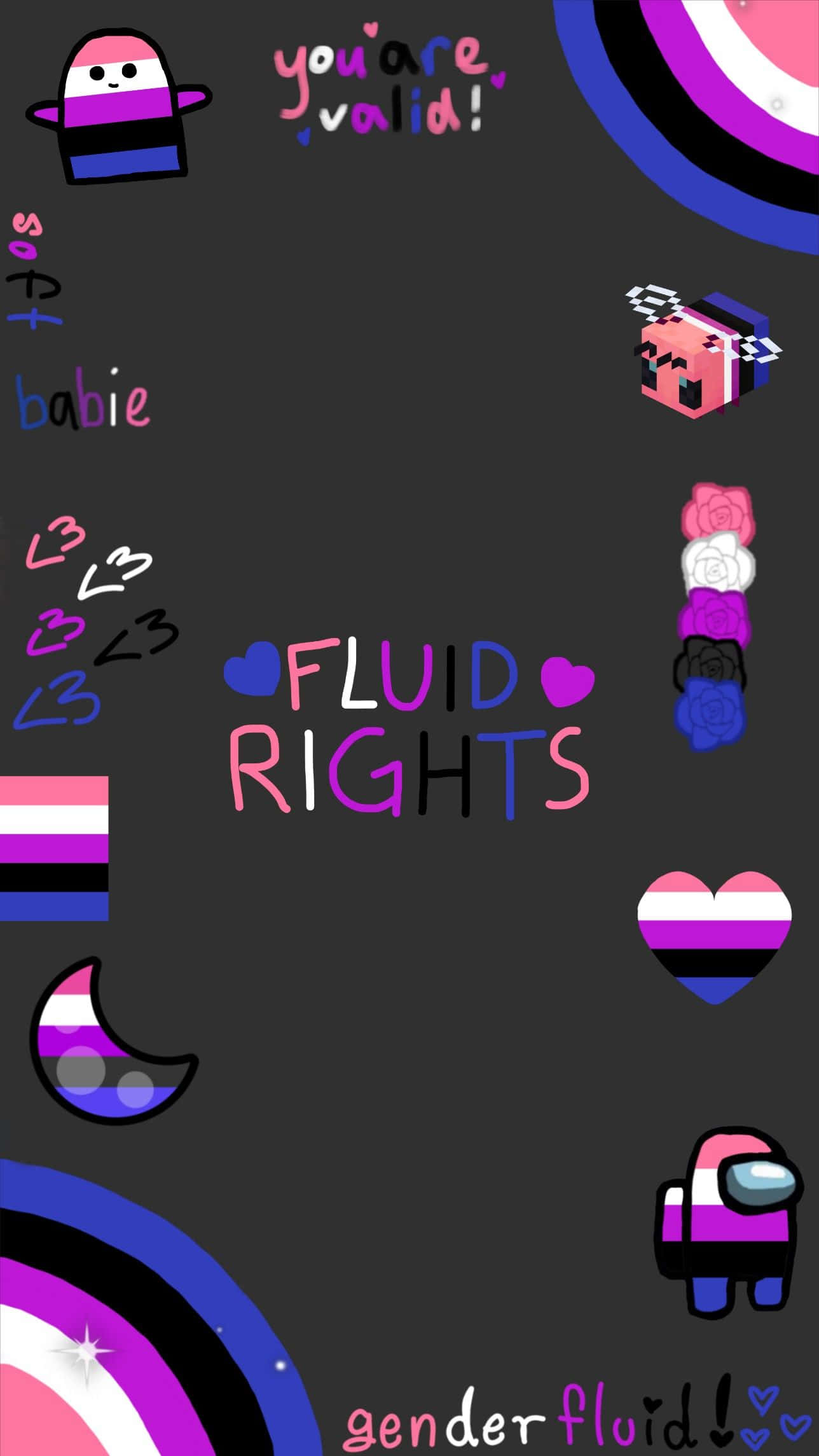 Lgbt Phone 桌布 壁紙 — 深灰色數位藝術桌布，帶有色彩繽紛的性別流動符號、文字和可愛的像素角色，宣揚流動性別權利。