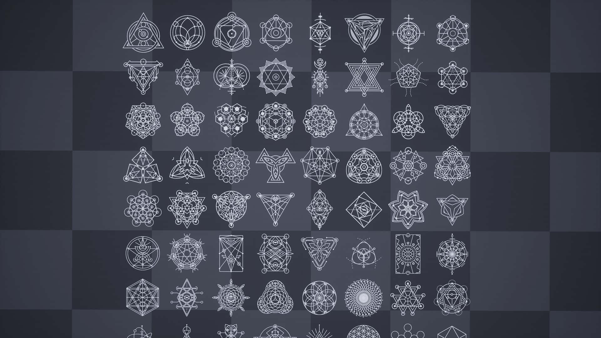Sacred Geometry 桌布 壁紙 — 深灰色棋盤格背景上，複雜的白色幾何符號與神聖幾何圖案網格。