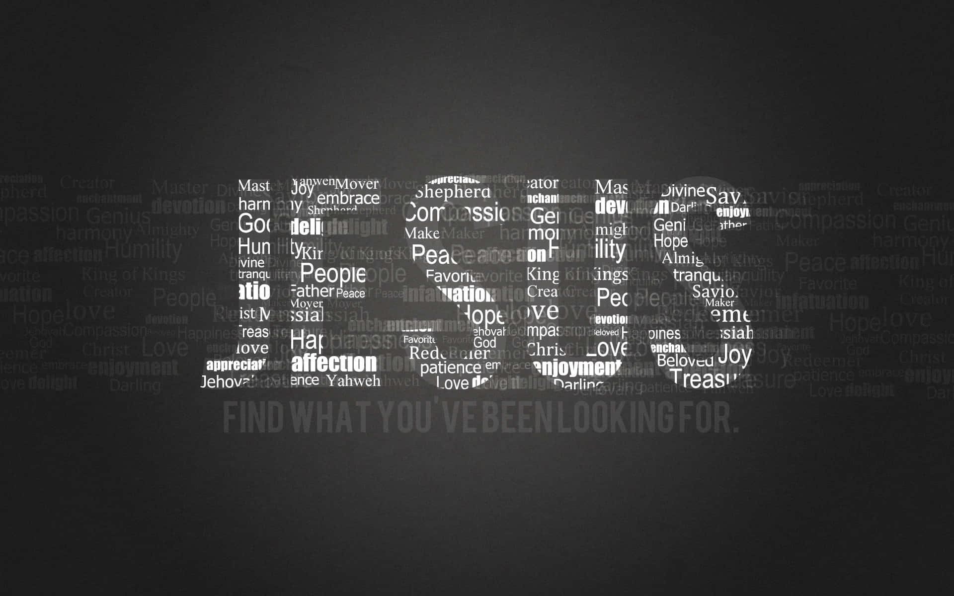 Jesus Name 桌布 壁紙 — 深灰色背景，上面重疊著不同大小和深淺的宗教詞語，如愛、和平與希望。