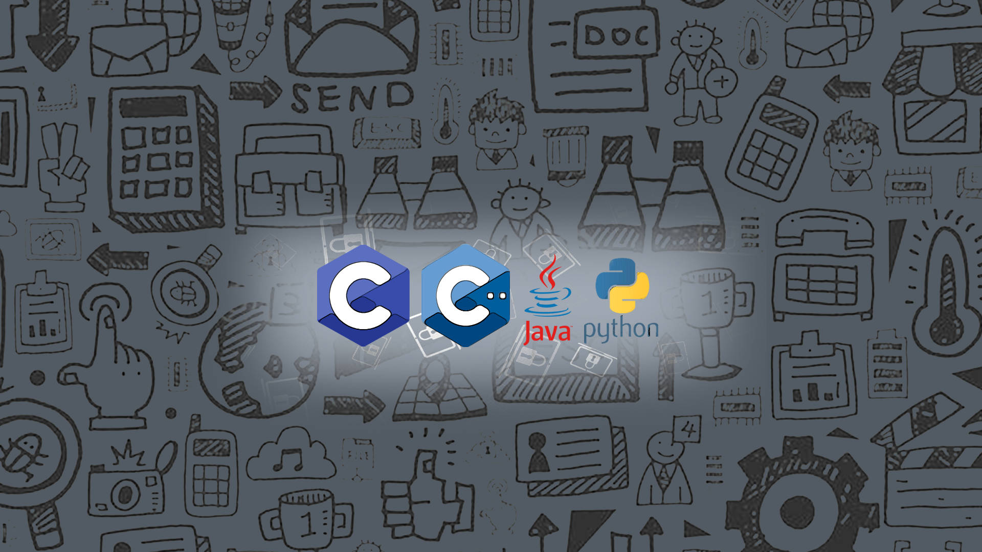 C C Java 和 Python 的科技標誌居中於手繪編程塗鴉背景上。 — Valorant Logo 壁紙