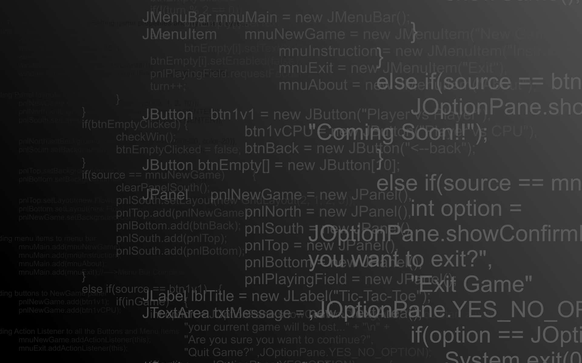 Programming 桌布 壁紙 — 深灰色背景，充滿浮動的 Java 程式碼片段和遊戲 UI 文字，例如「Coming Soon」和「Exit Game」。