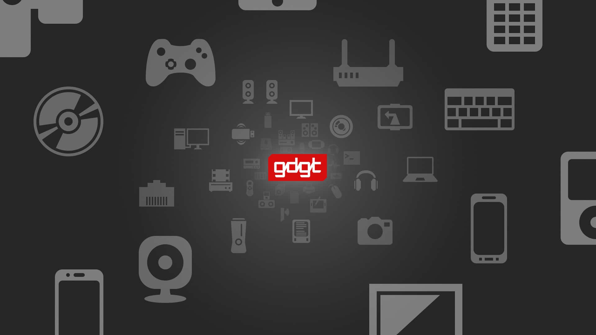 網站 桌布 壁紙 — 深灰色背景，充滿灰色科技圖示，從中央的紅色「gdgt」標誌向外輻射。