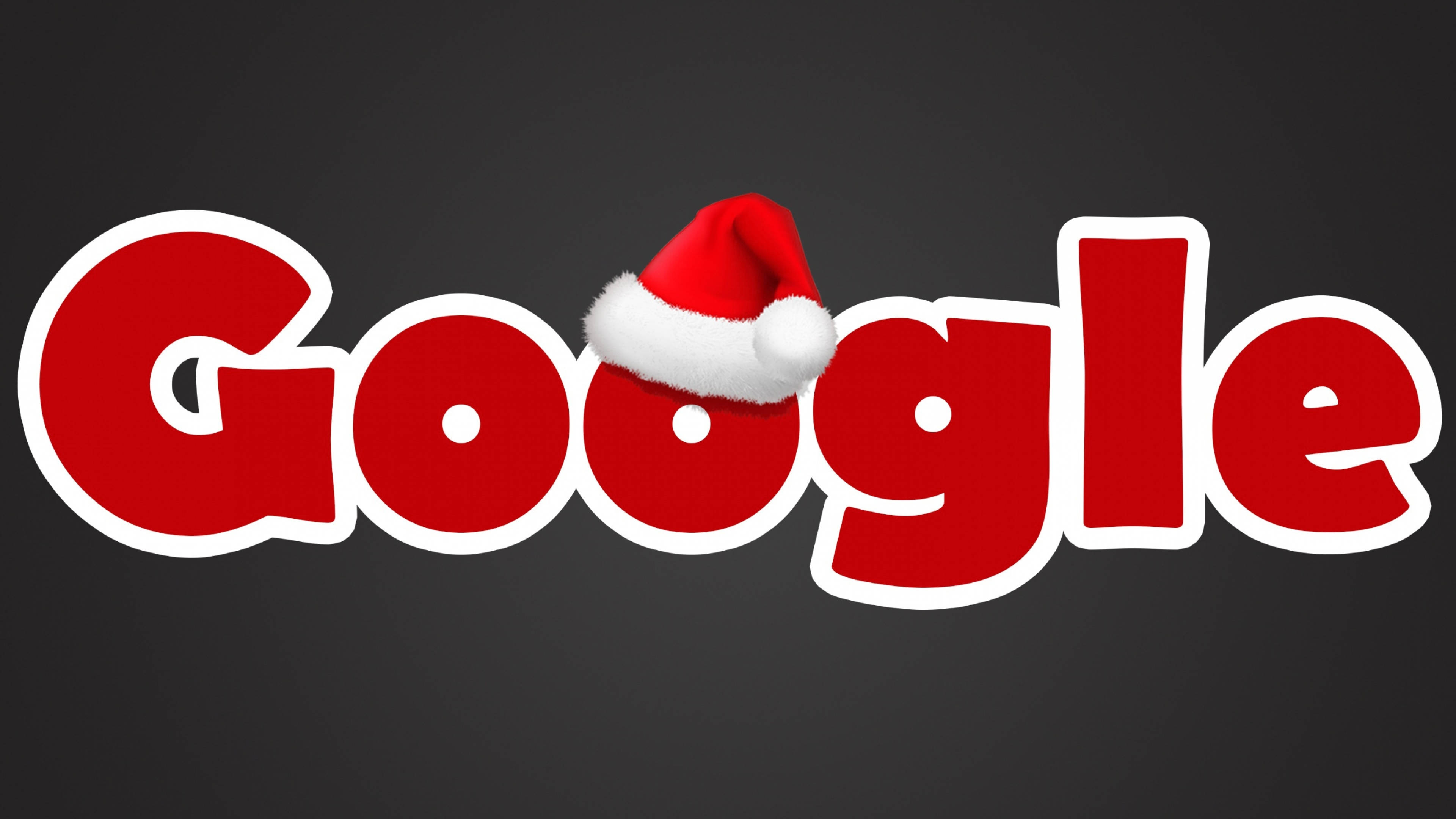 google 桌布 壁紙 — 深灰色背景上，帶有白色輪廓的粗體紅色Google標誌，飾有節日聖誕帽。
