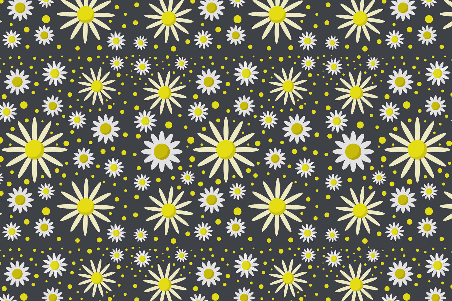 Flower pattern 壁紙 — 深灰色背景上，帶有黃色花心的白色雛菊和散落的黃色點組成的鮮豔圖案。