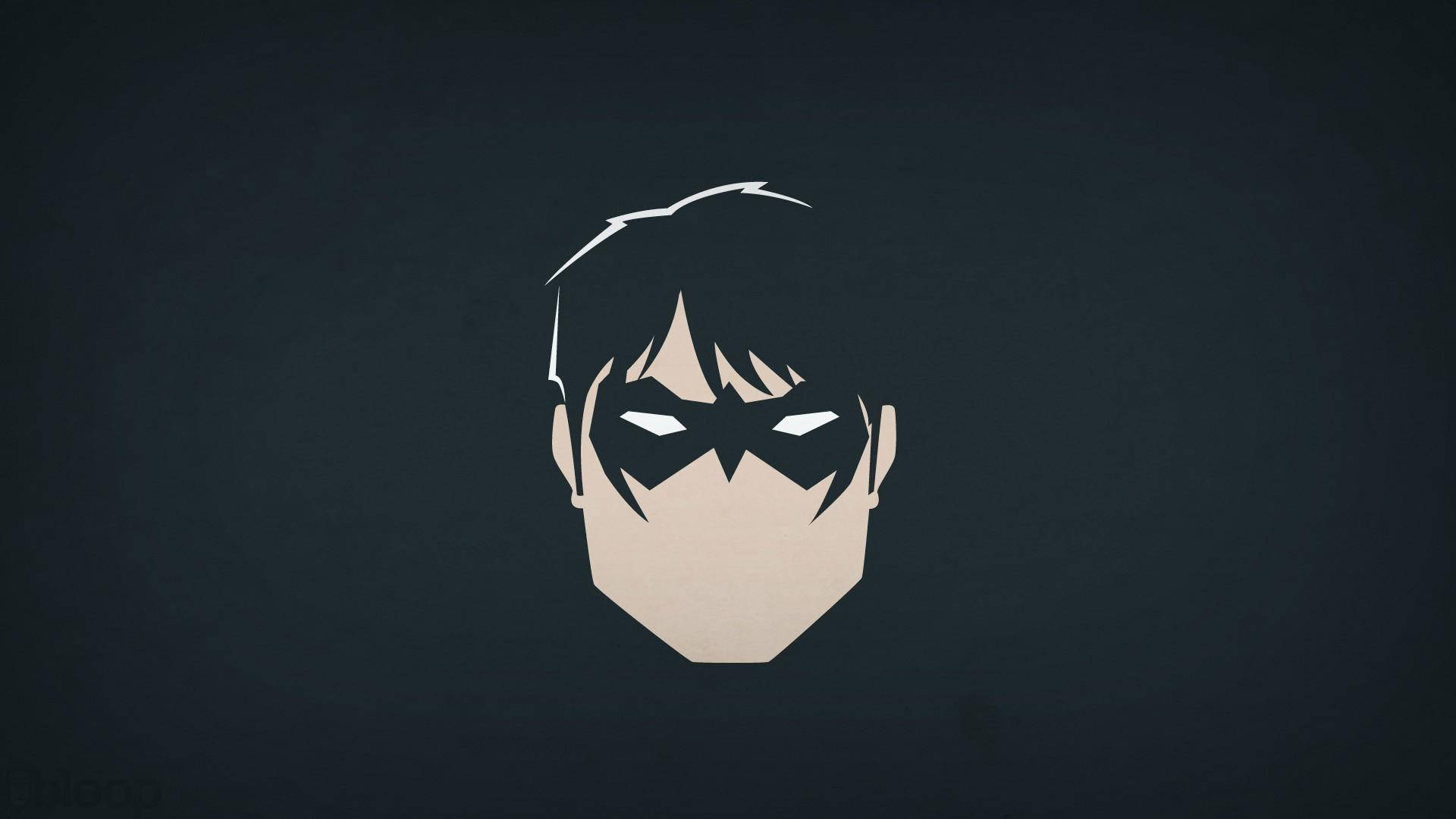 Nightwing 桌布 壁紙 — 深灰色背景上，戴面具的超級英雄的極簡風格化面孔，帶有銳利的白色眼睛。