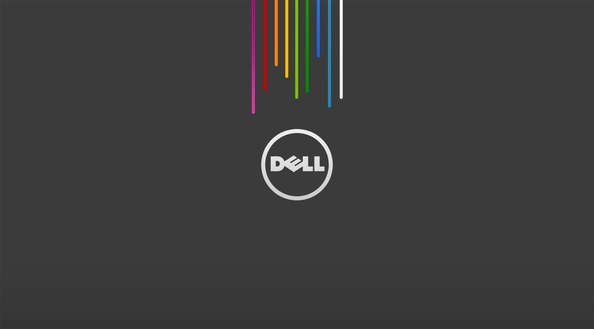Dell Laptop 桌布 壁紙 — 深灰色背景上，白色Dell標誌居中，上方有彩虹色調的彩色垂直水滴落下。