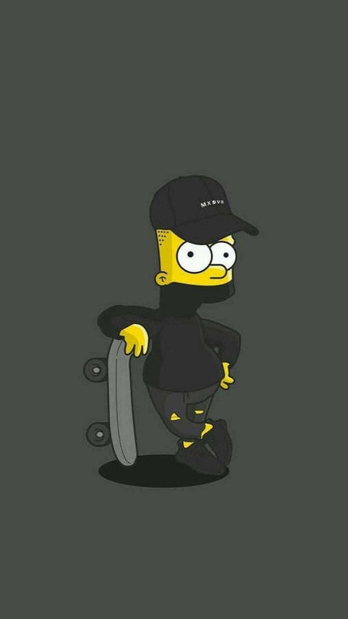 emo 頭像 桌布 壁紙 — 深灰色背景上，身穿黑色街頭服飾的辛普森角色手持滑板。