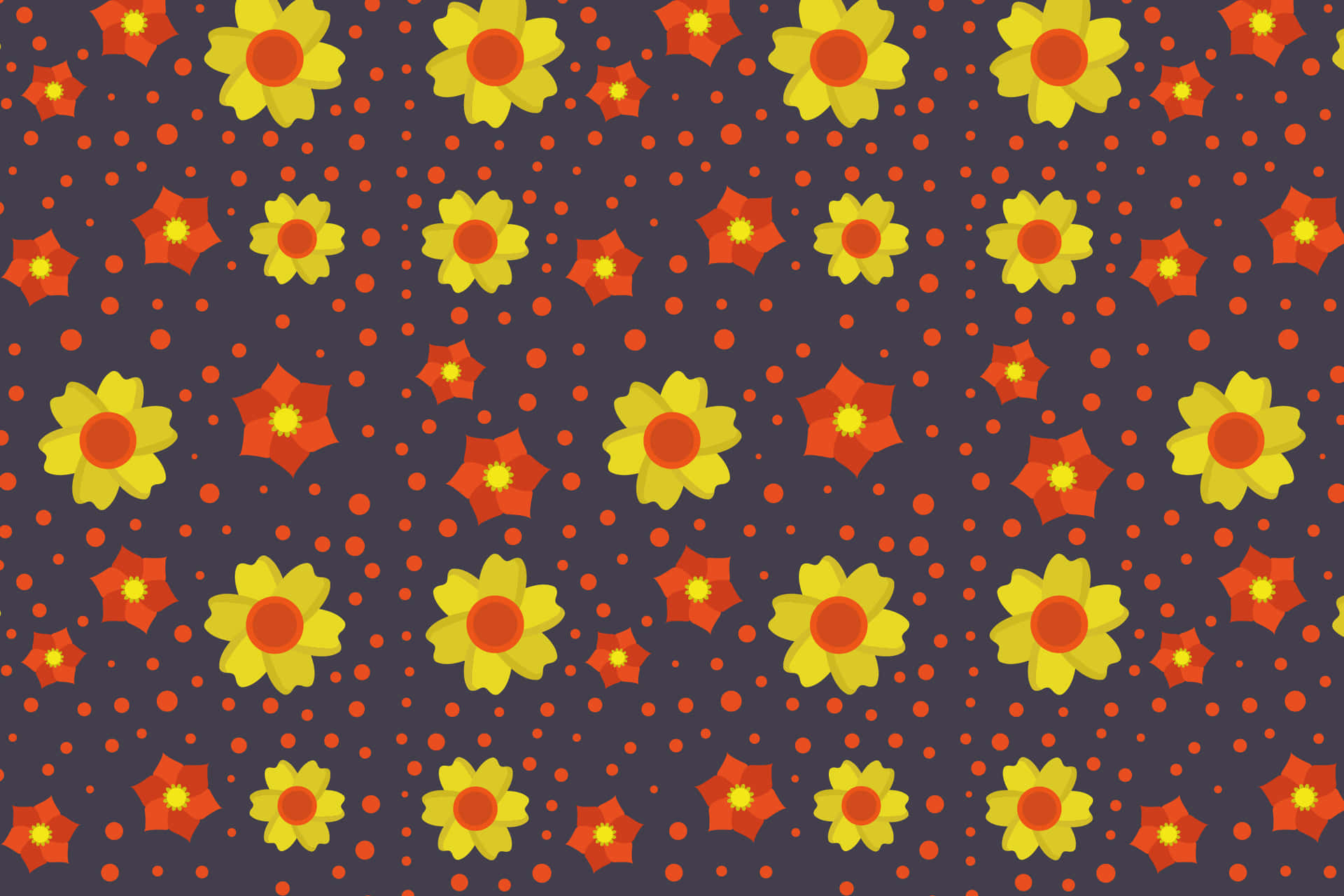 Flower pattern 壁紙 — 深灰色背景上充滿活力的黃色雛菊和橙色星爆圖案，帶有散落的橙色圓點。