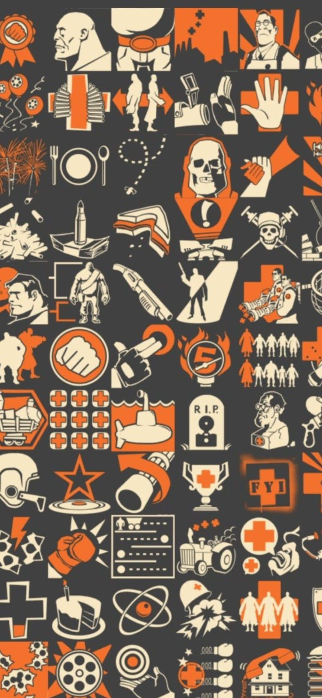 Tf2 桌布 壁紙 — 深灰色背景上密集的橙色和奶油色圖案，以風格化圖形設計呈現各種符號，如骷髏頭、獎盃和工具。