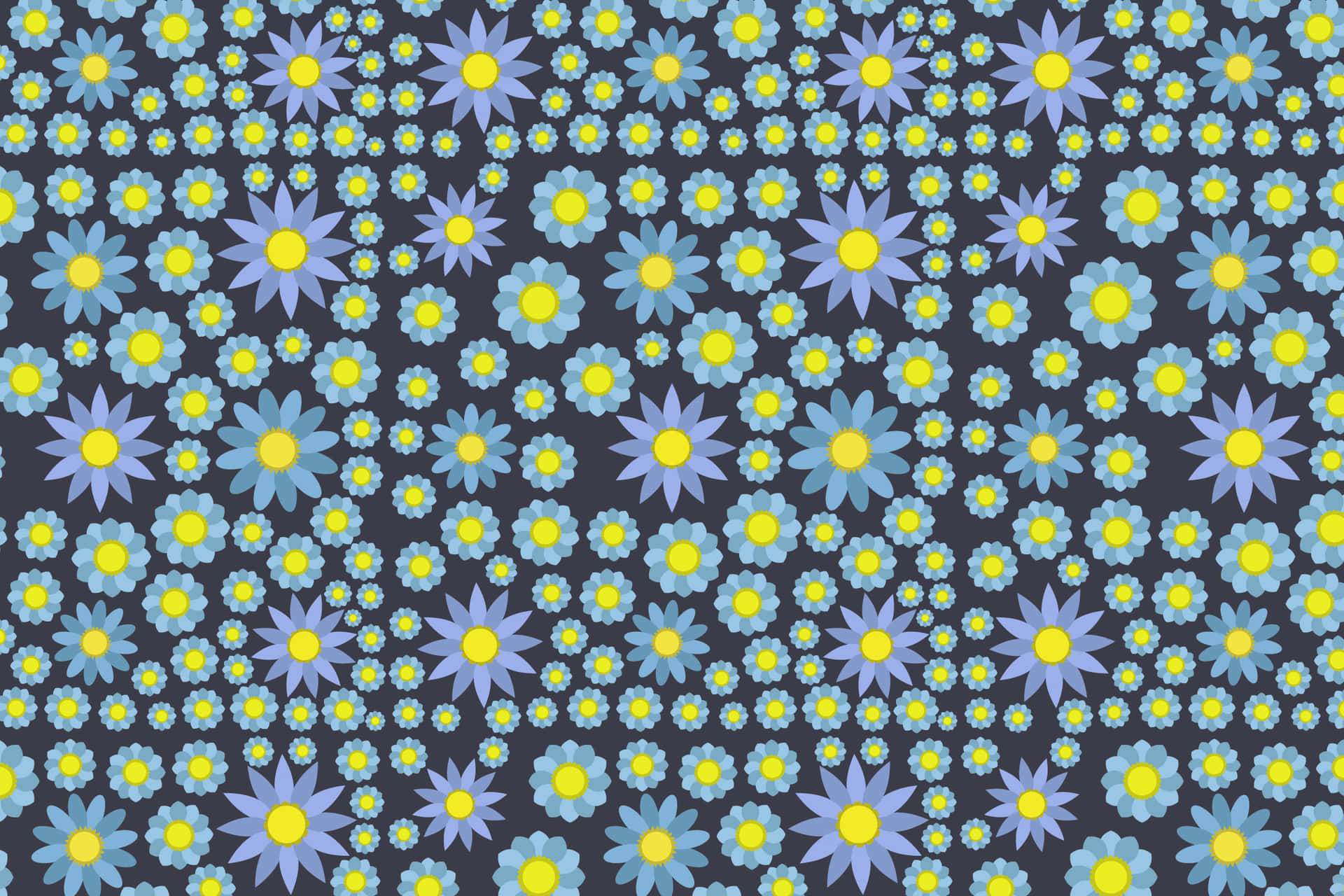 Flower pattern 壁紙 — 深灰色背景上密集的風格化藍色和黃色雛菊圖案。