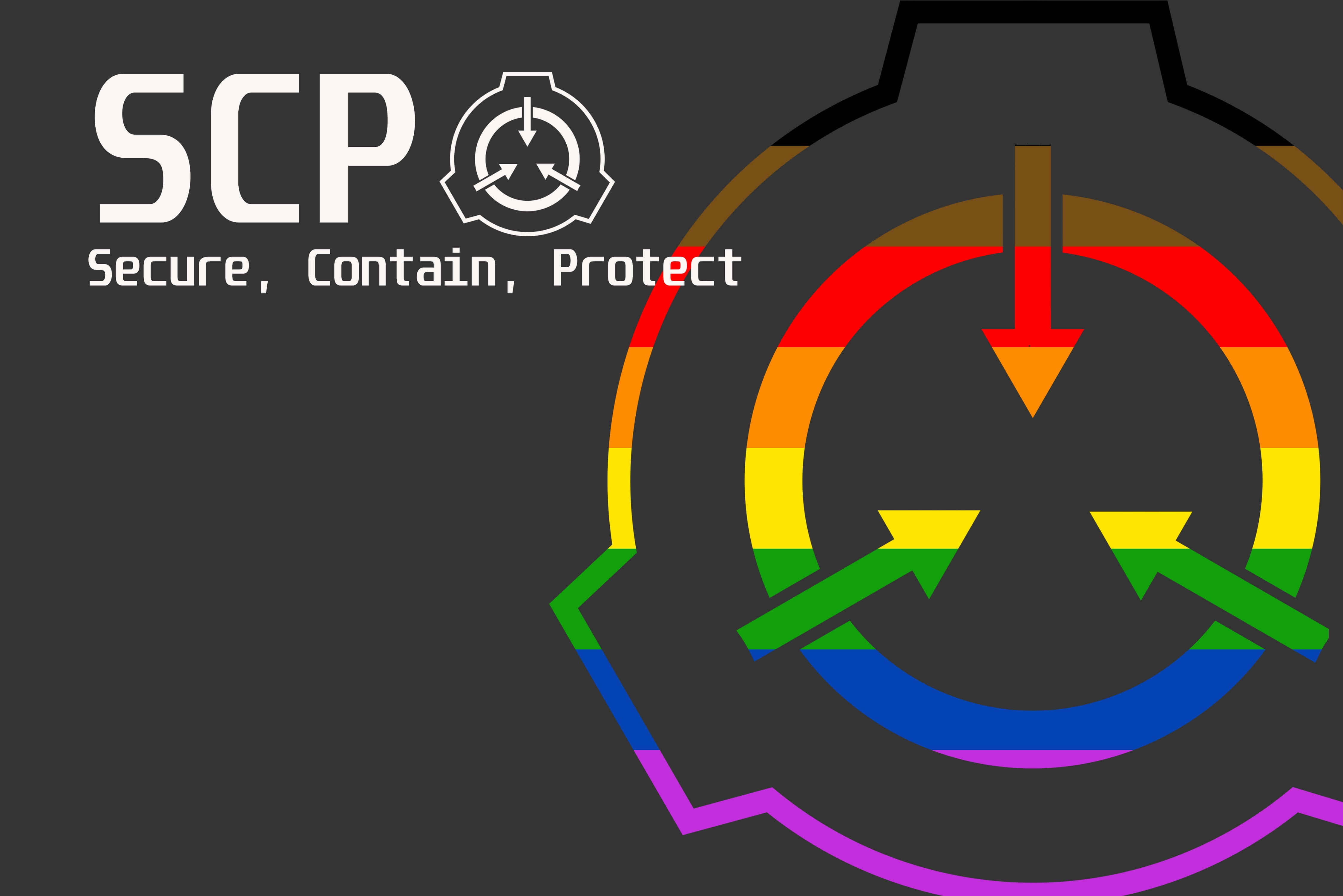 SCP 桌布 壁紙 — 深灰色背景上展示SCP基金會的標誌，其標誌性的齒輪符號填充了鮮豔的彩虹漸變色。