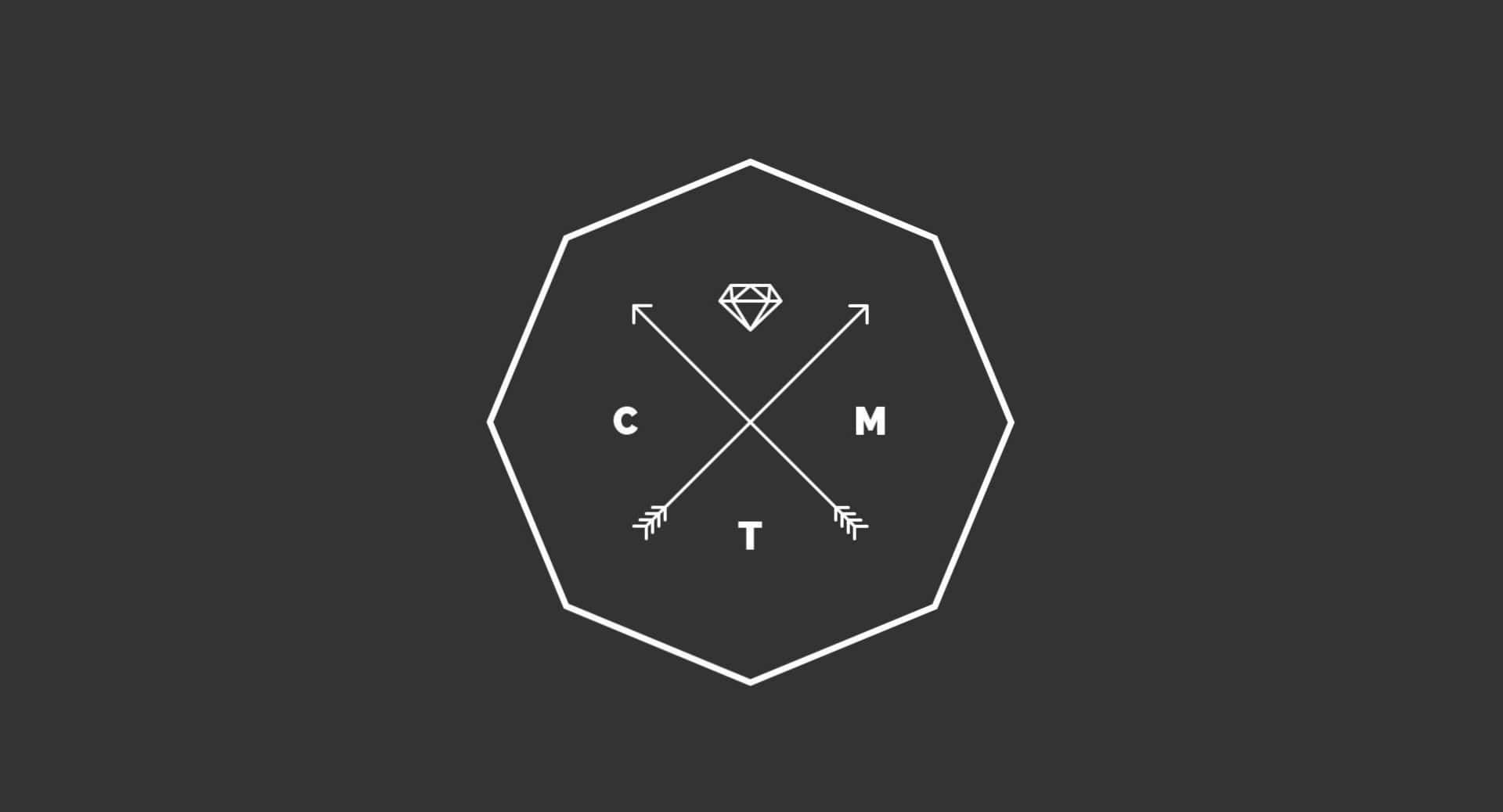 Hipster Desktop 桌布 壁紙 — 深灰色背景上帶有交叉箭頭、鑽石和字母 C M T 的簡約白色六邊形標誌。