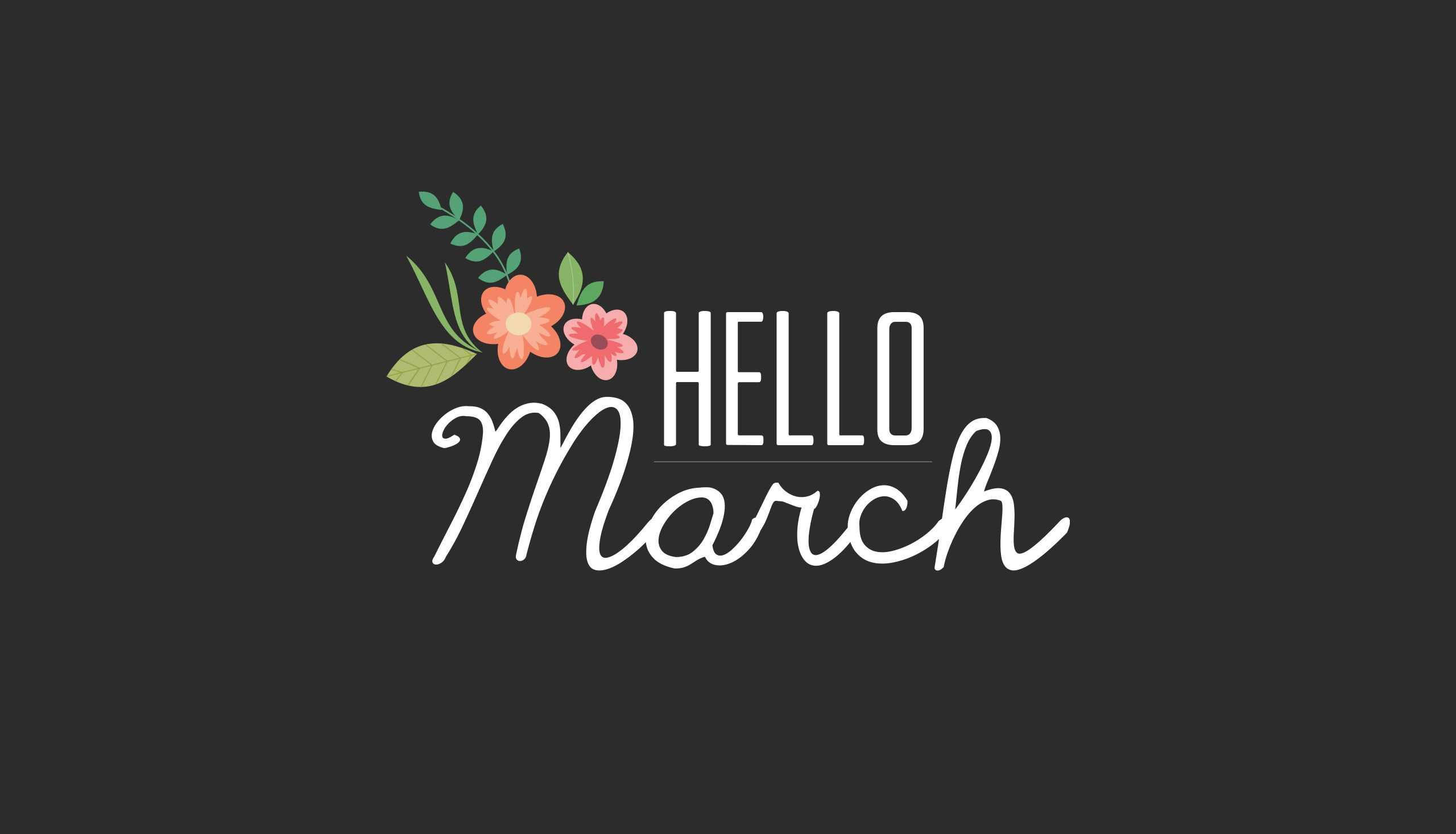 March 桌布 壁紙 — 深灰色背景上帶有粉紅色和橙色花朵的白色草書文字 hello march。