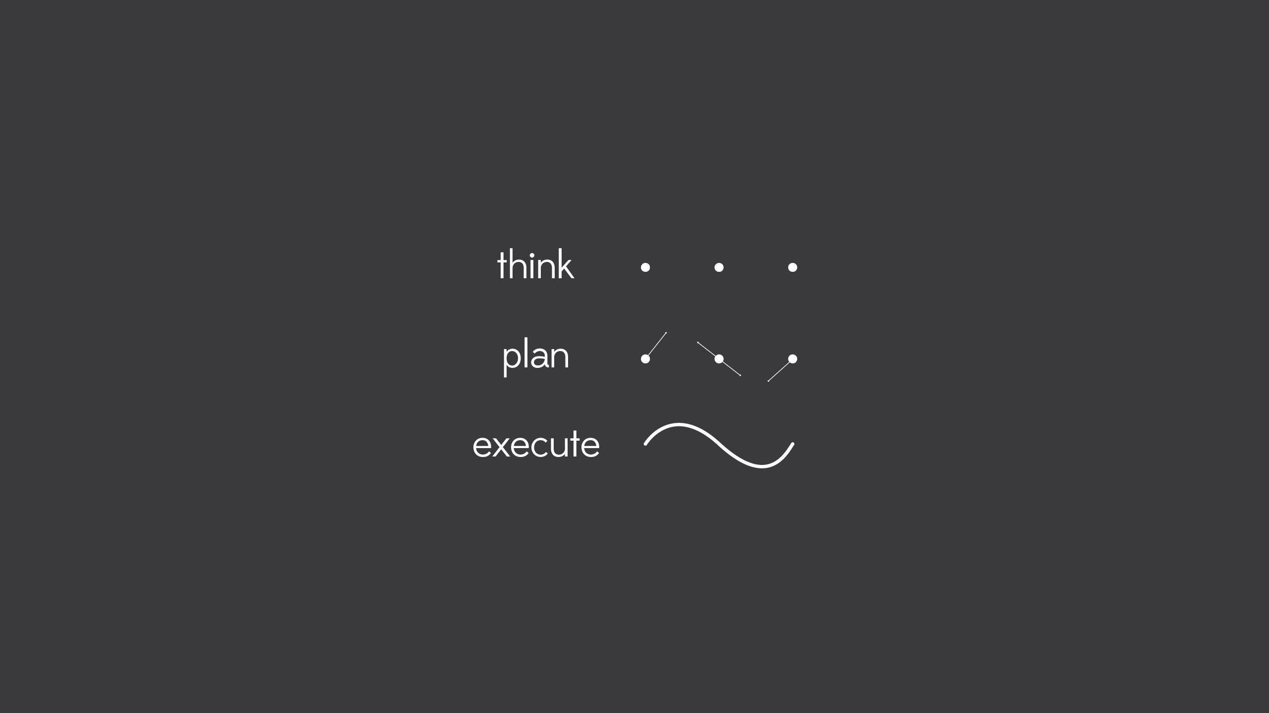 Clean 桌布 壁紙 — 深灰色背景上的簡約白色文字和抽象線條，展示 think plan execute 工作流程。