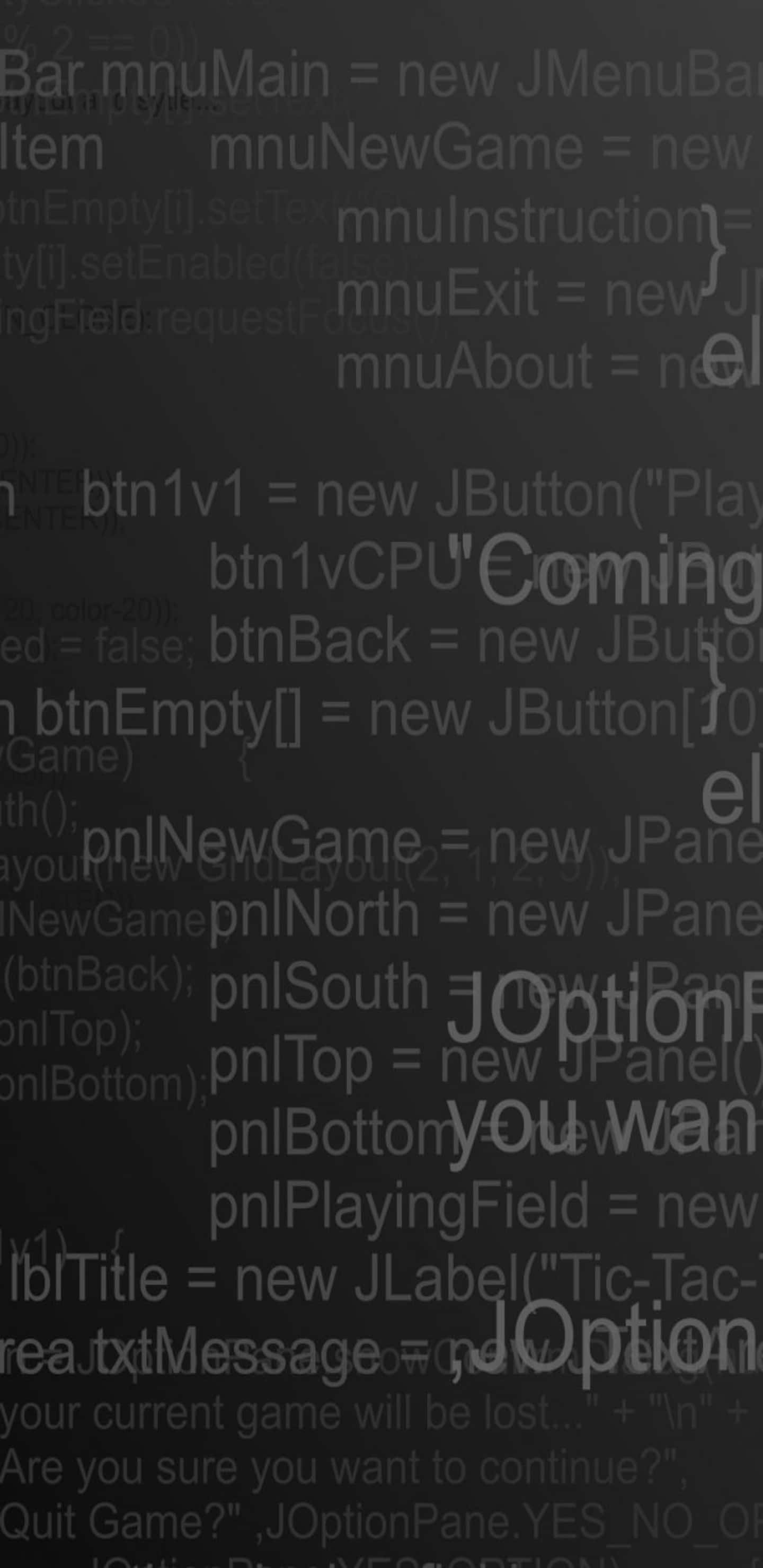 Pixel 3xl Programming 桌布 壁紙 — 深灰色背景上覆蓋著微弱發光的 Java 程式碼片段和粗體的「Coming Soon」訊息。