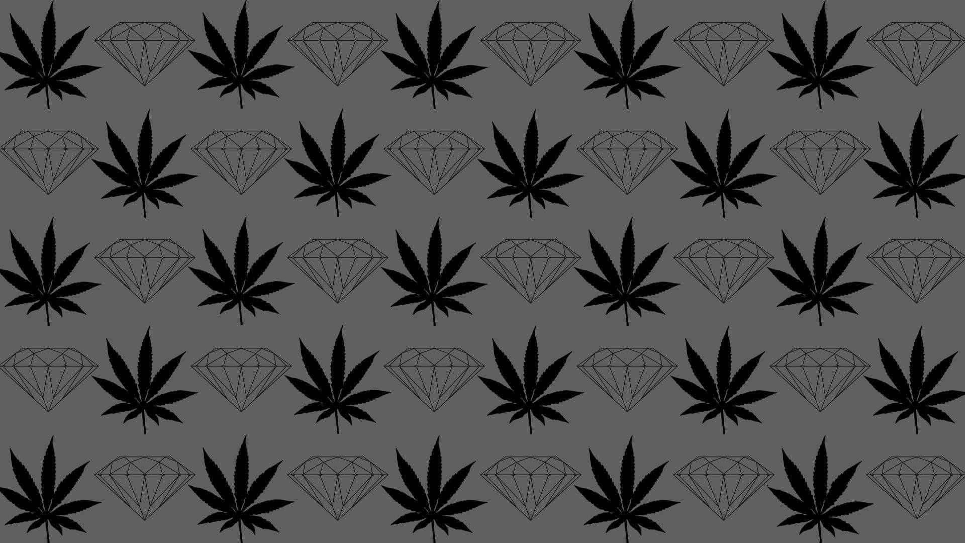鑽石 桌布 壁紙 — 深灰色背景上重複出現黑色大麻葉和鑽石輪廓的圖案。