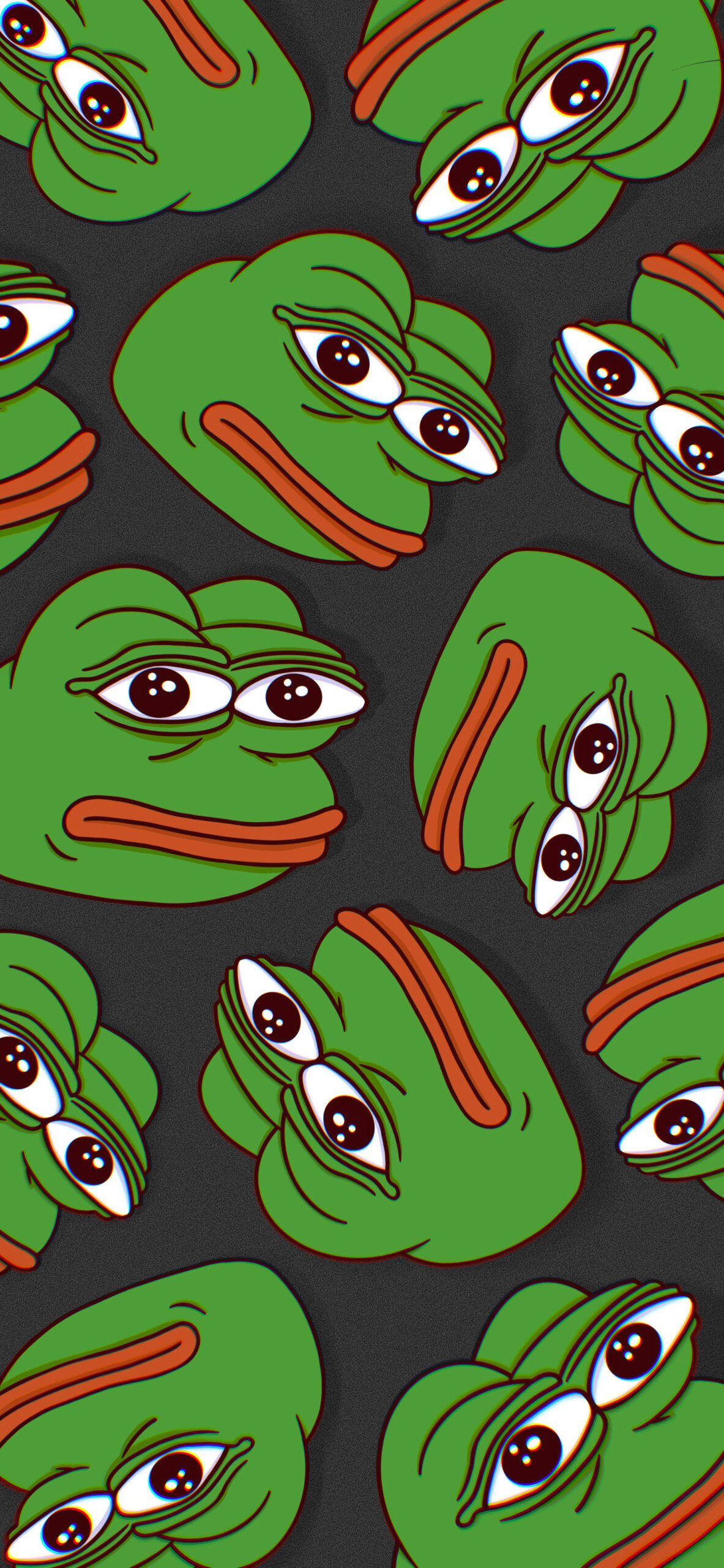 Pepe 桌布 壁紙 — 深灰色背景上重複的綠色青蛙臉，帶有橙色嘴巴和大眼睛。