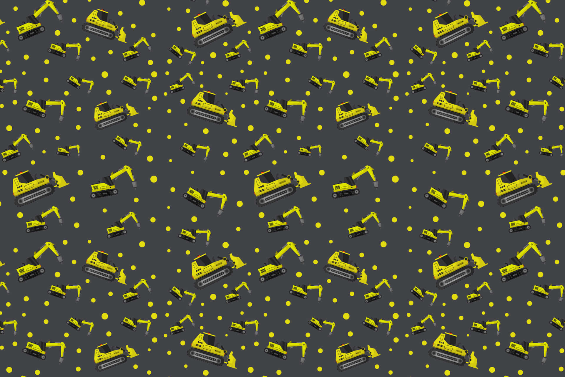 Excavator Patterns 壁紙 — 深灰色背景上重複的黃色挖土機和圓點圖案。