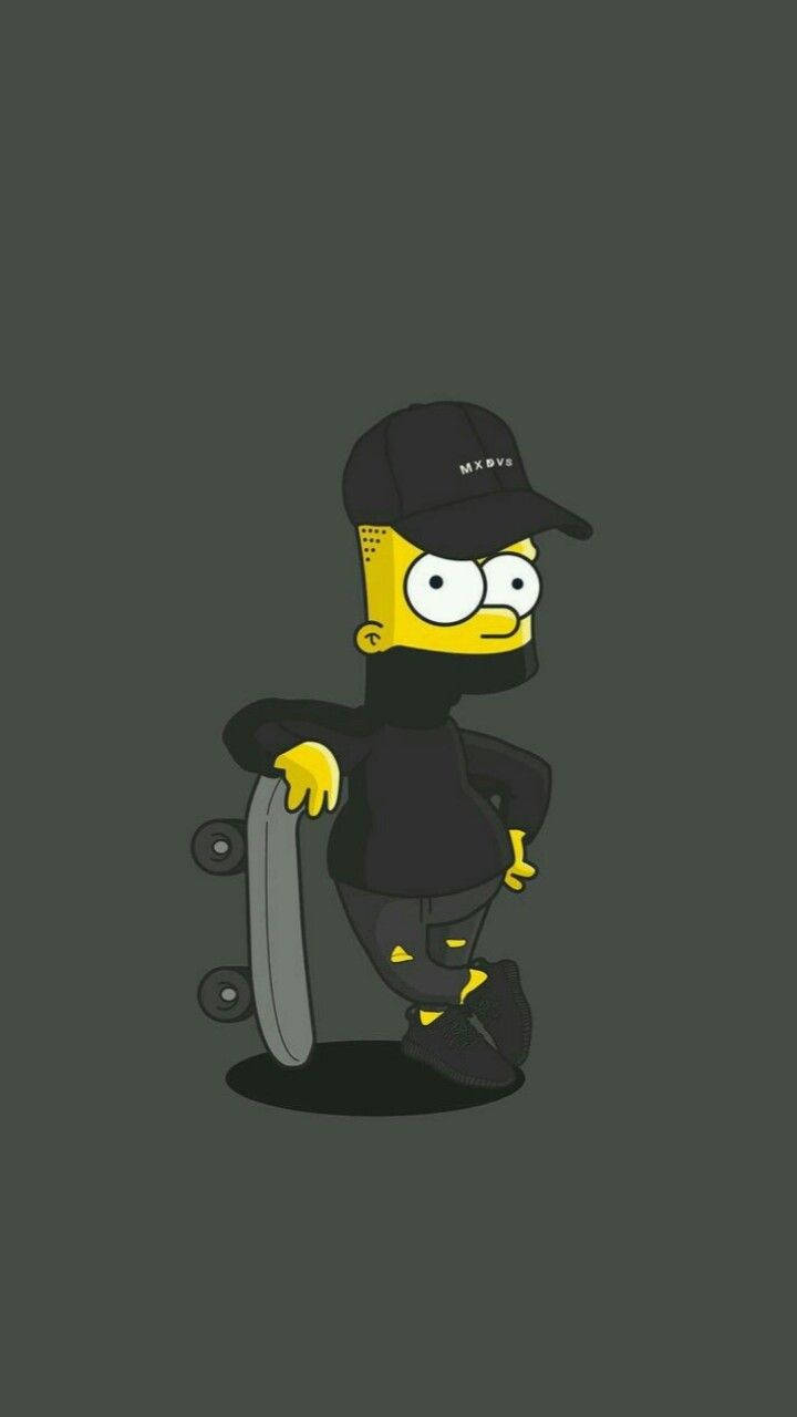 Black Aesthetic iPhone 桌布 壁紙 — 深灰色背景前，身穿黑色街頭服飾的辛普森角色手持滑板。