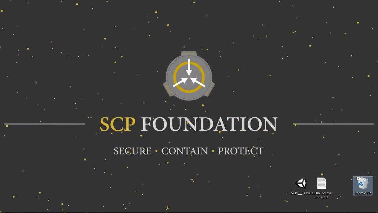 SCP 桌布 壁紙 — 深灰色背景帶有金色斑點，以粗體字型展示SCP基金會的標誌和格言。