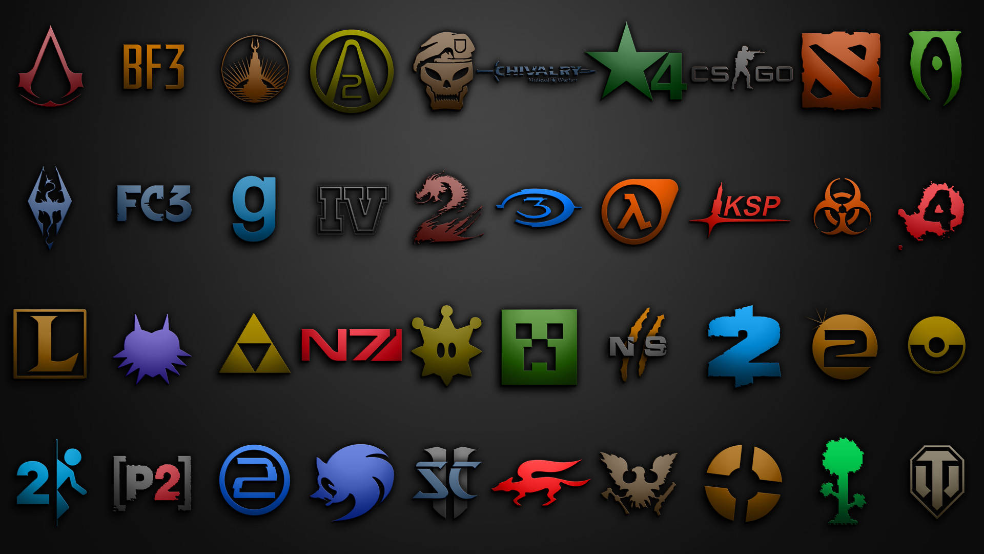 PC 遊戲 桌布 壁紙 — 深灰色背景顯示一個網格，內有色彩繽紛的電子遊戲和特許經營標誌，帶有金屬和發光效果。