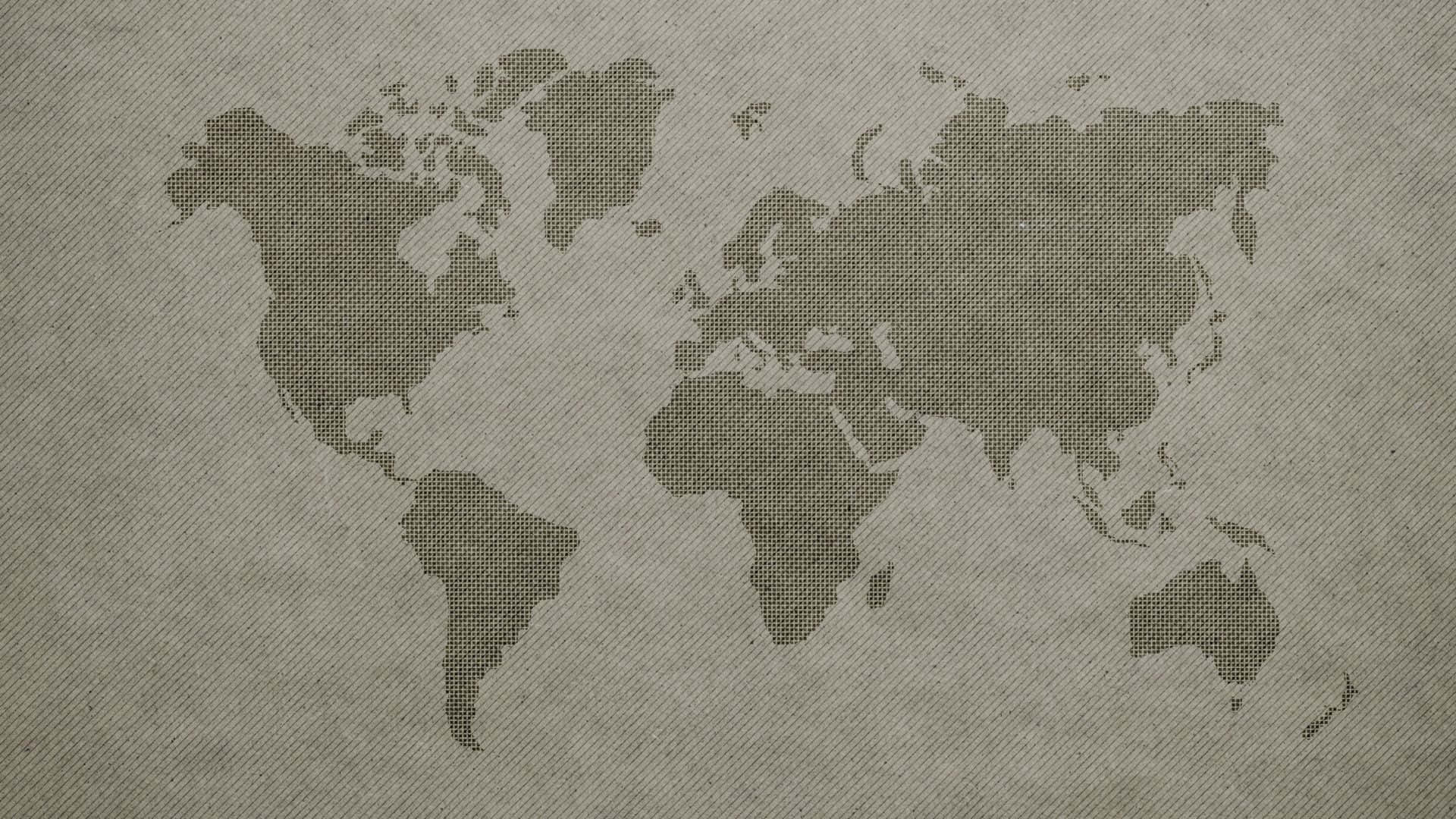 世界地圖 桌布 壁紙 — 深灰色色調的世界地圖剪影覆蓋在帶有斜紋編織圖案的紋理米色布料背景上。