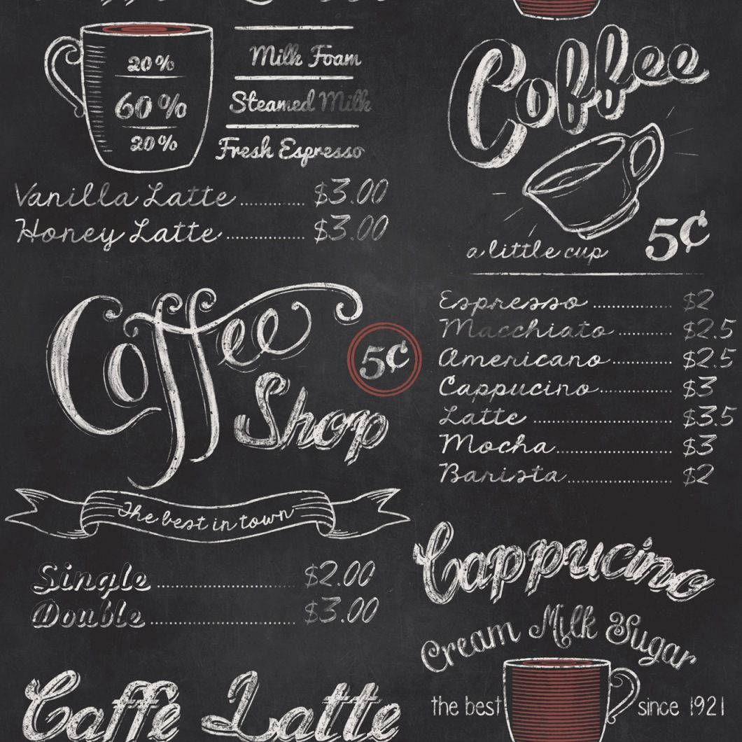 Chalkboard 桌布 壁紙 — 深灰色表面上用白色粉筆繪製的優雅草書咖啡名稱和價格的黑板菜單。