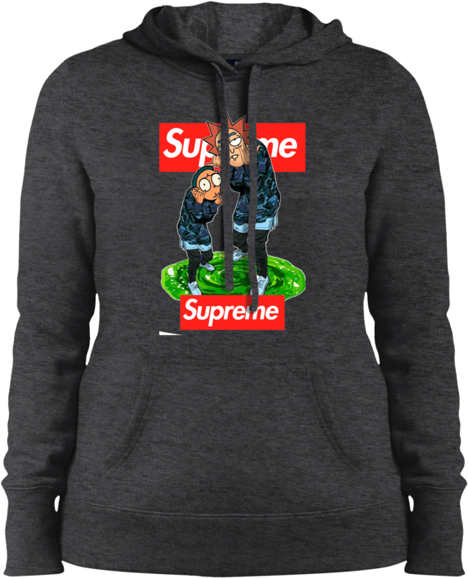 supreme 桌布 壁紙 — 深灰色連帽上衣，印有站在綠色黏液上的《瑞克和莫蒂》卡通角色，上下方有紅色Supreme標誌。