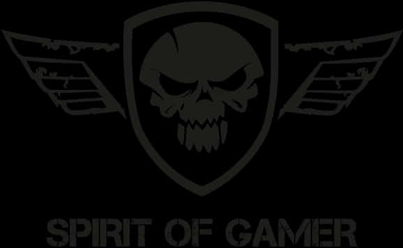 Logo Design 桌布 壁紙 — 深灰色骷髏標誌，帶有翼盾和「SPIRIT OF GAMER」文字，背景為黑色。