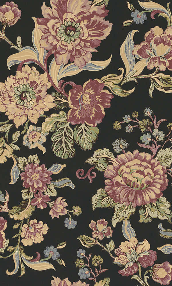 Vintage Floral 桌布 壁紙 — 深炭灰色背景上帶有酒紅色、奶油色和綠色大牡丹和藤蔓的優雅花卉壁紙。