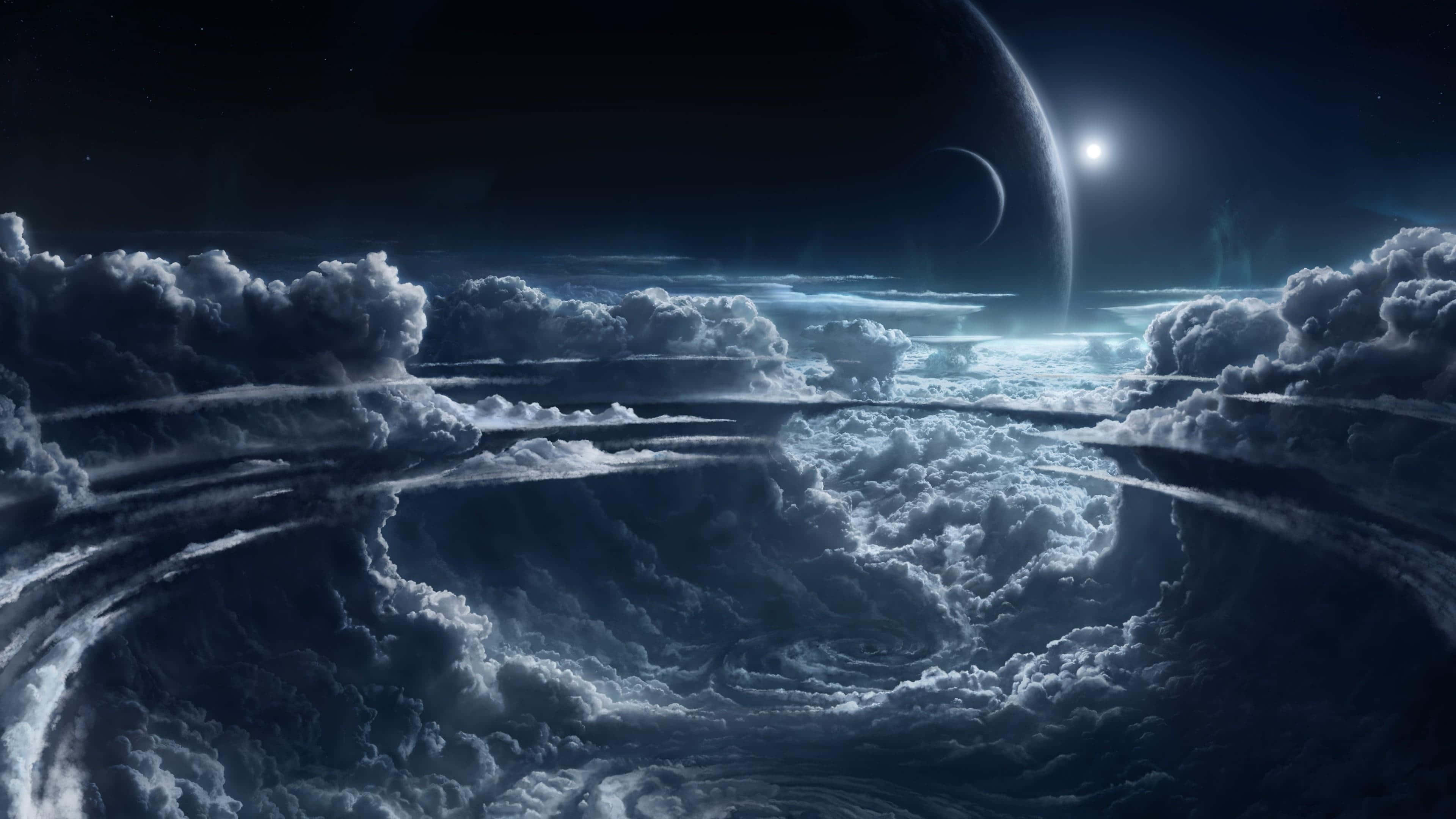 Space Art 桌布 壁紙 — 深空中，在發光的月亮和遙遠行星下，旋轉雲層的宇宙景觀。