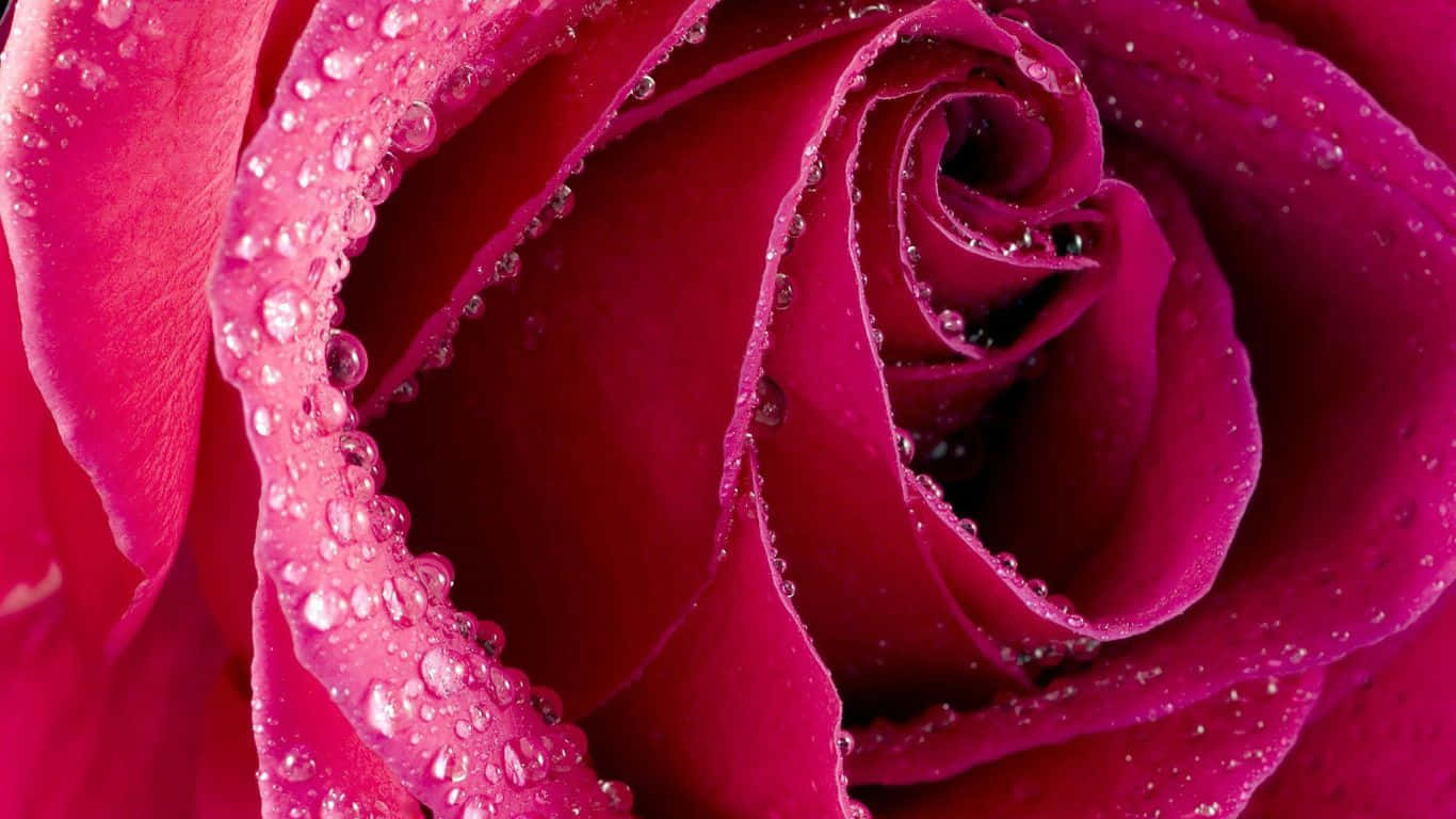 1366x768 Roses 桌布 壁紙 — 深粉紅玫瑰的特寫，天鵝絨般的花瓣上閃爍著水珠。