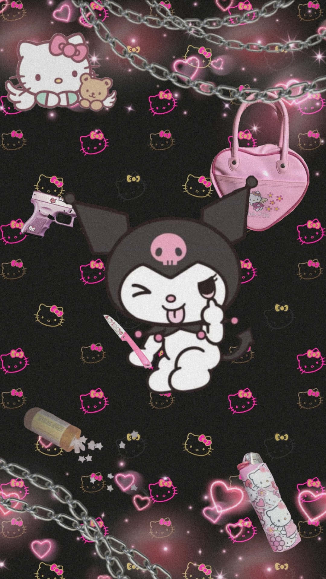 Kuromi 在深色背景上手持刀，帶有粉紅色心形和鎖鏈。 — 三麗鷗角色 GIF 壁紙
