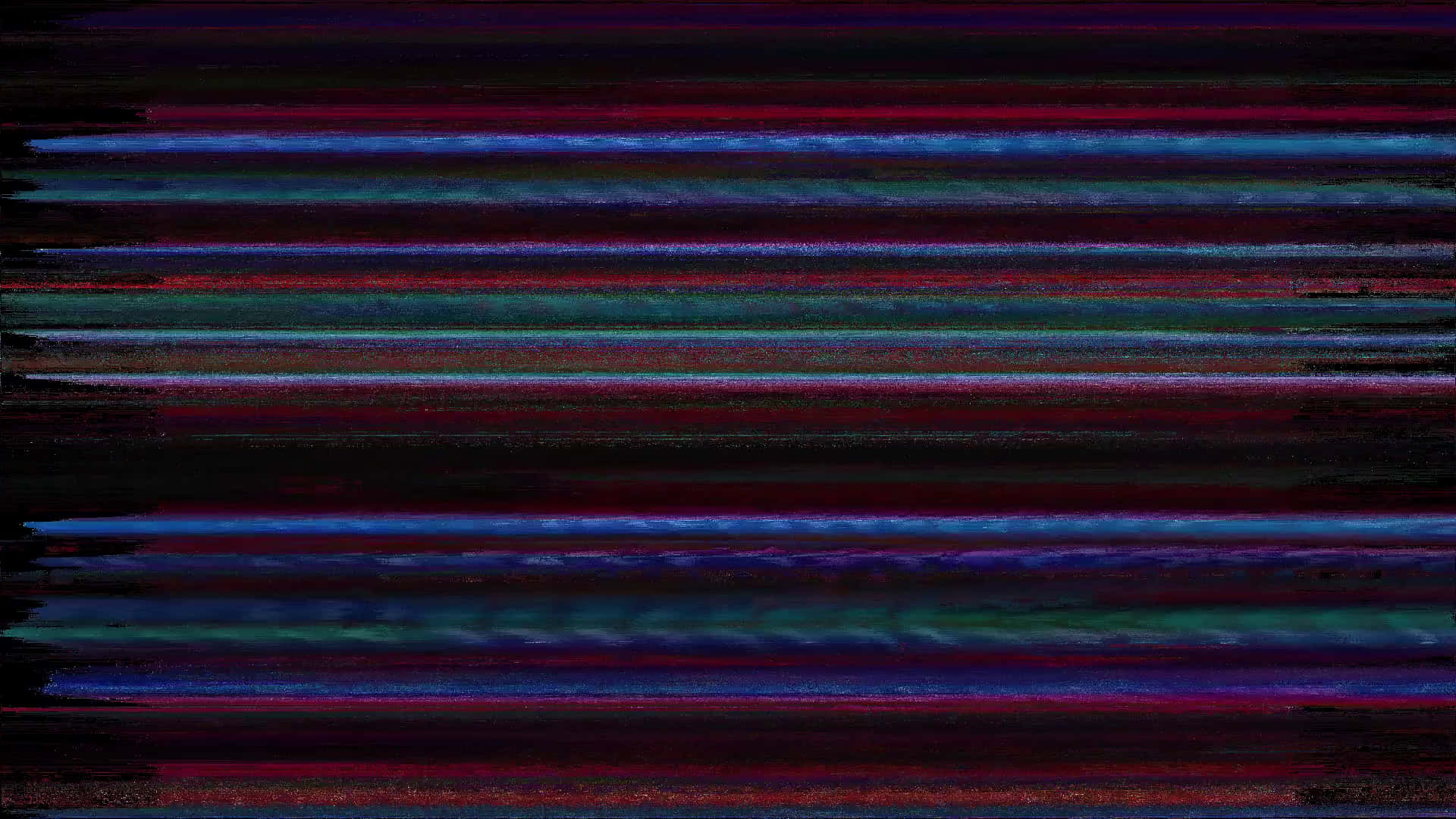Glitch Effect 桌布 壁紙 — 深紅、藍色和藍綠色的鮮明水平故障條紋在深色紋理畫布上劃過。