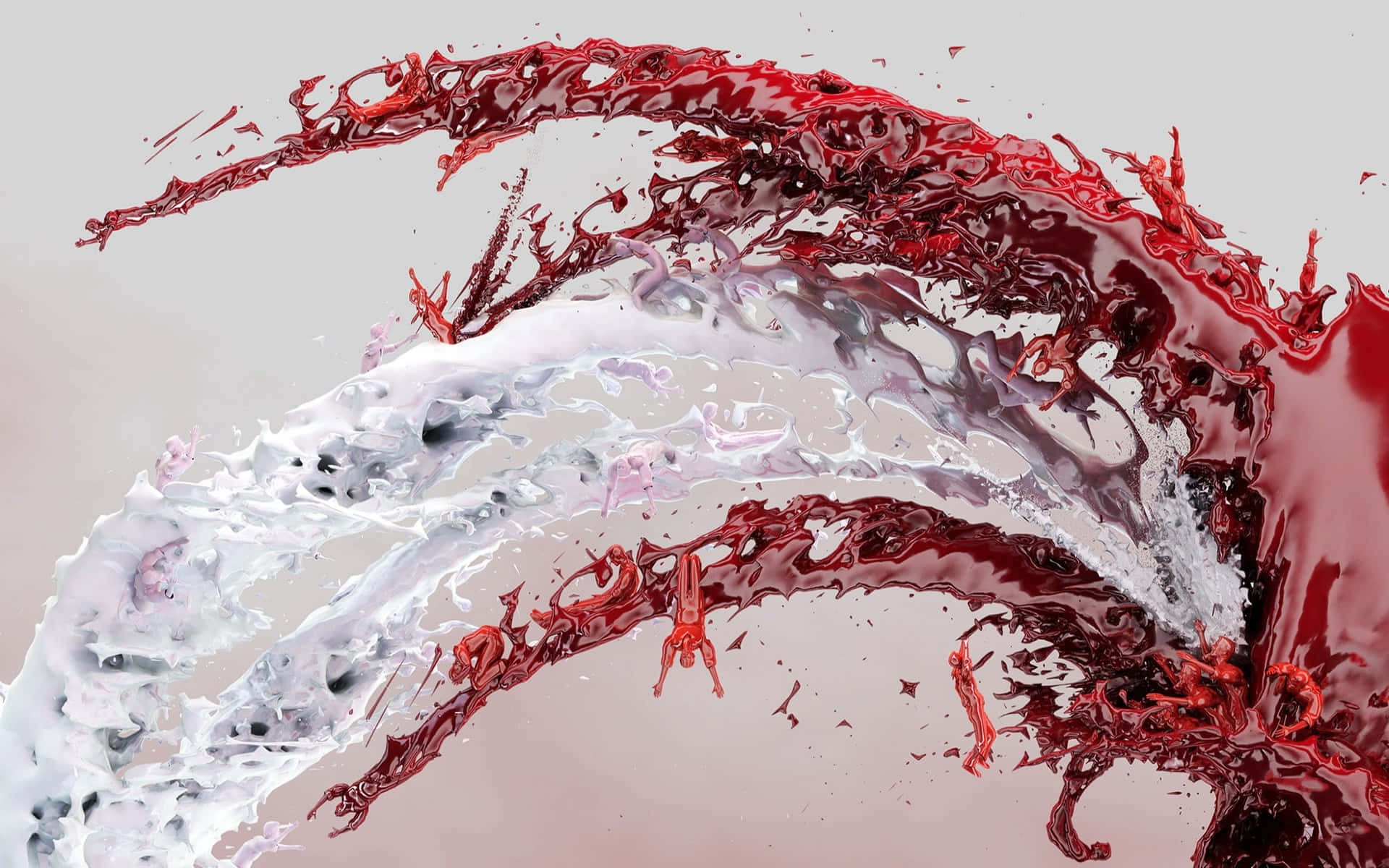 artwork 桌布 壁紙 — 深紅和白色液體弧線在柔和灰色背景上的動態飛濺。