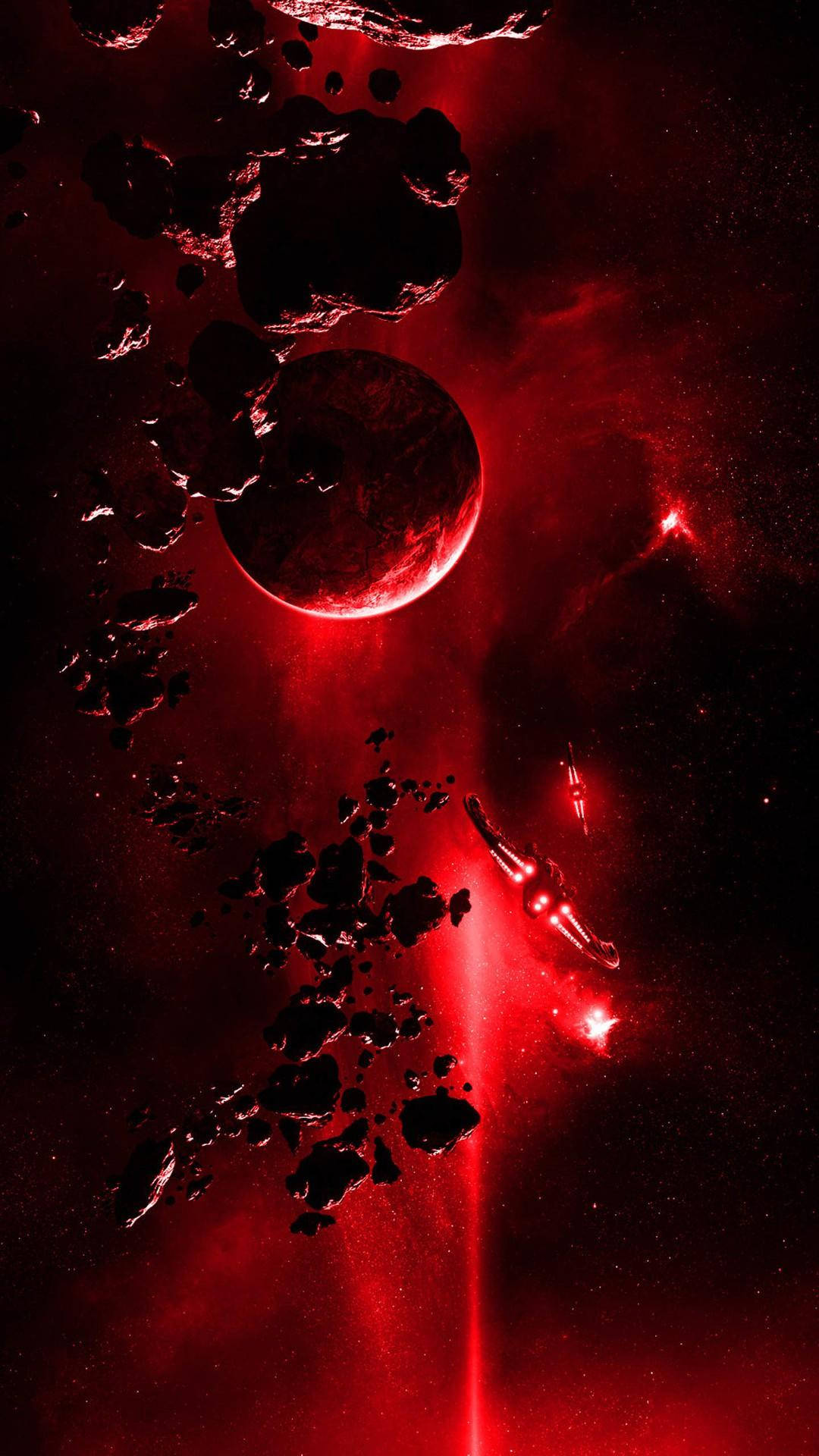 紅色 iPhone 桌布 壁紙 — 深紅星雲照亮了一片小行星帶，一艘流線型太空船在宇宙虛空中滑行。