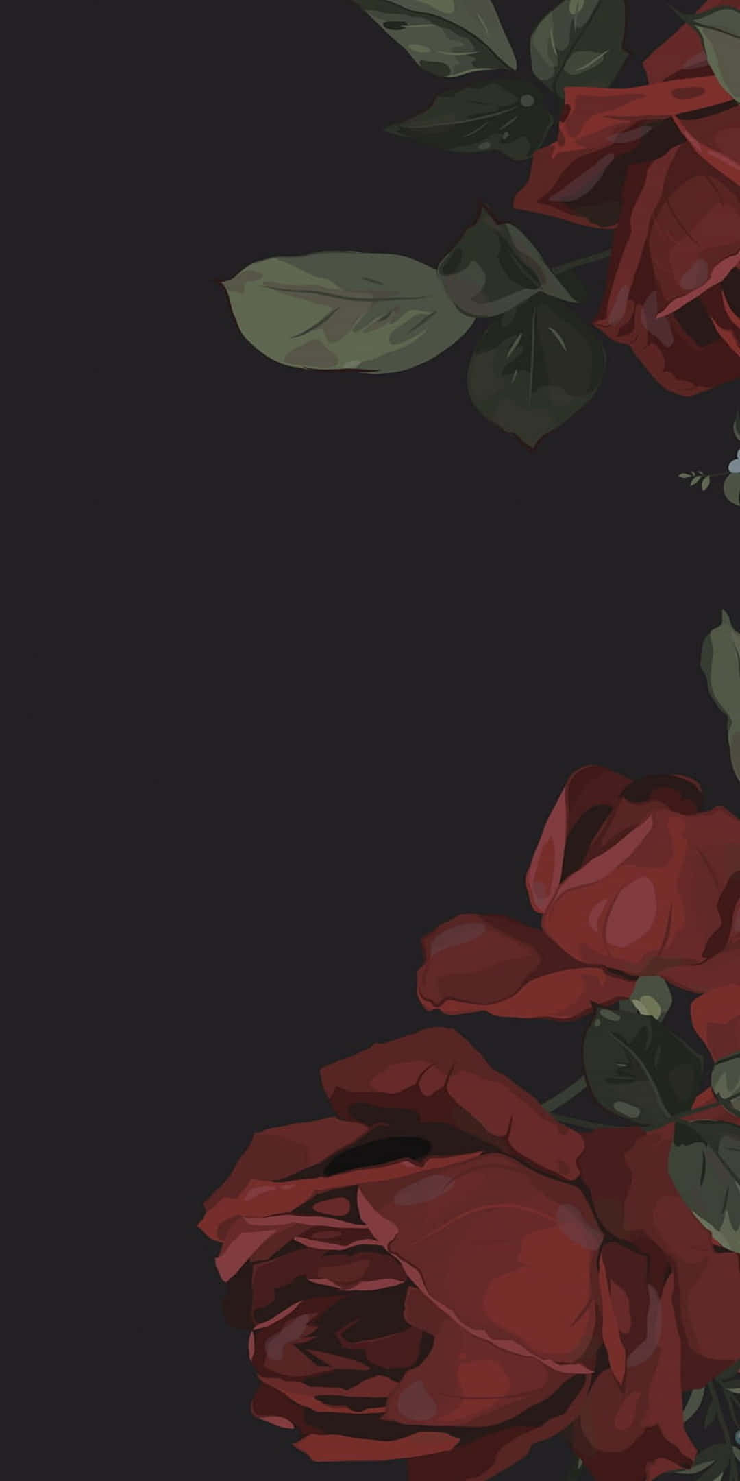 Pixel 3 Roses 桌布 壁紙 — 深紅玫瑰搭配深綠色葉子，以繪畫風格優雅地框住極簡的深色背景。