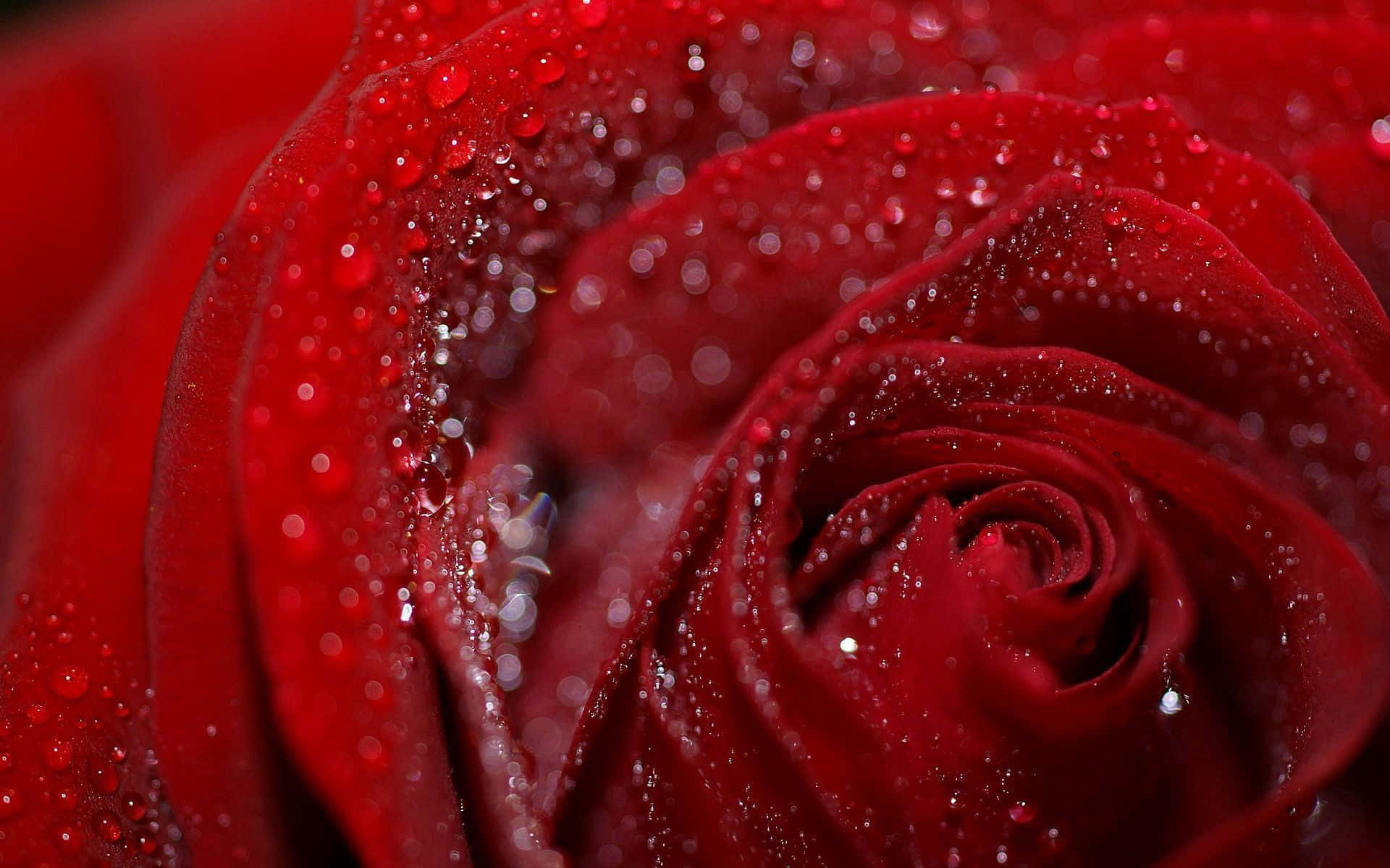 Rose Petal 桌布 壁紙 — 深紅玫瑰的特寫，天鵝絨般的花瓣上閃爍的水珠捕捉光線。