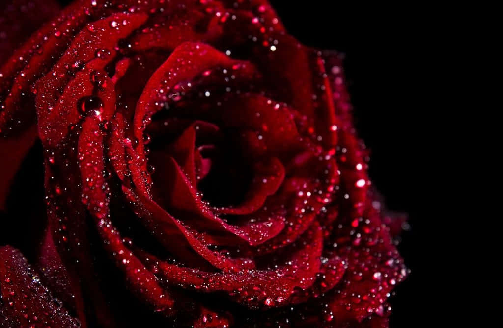 Roses 桌布 壁紙 — 深紅玫瑰的特寫，帶有閃爍的水珠，背景為純黑色。