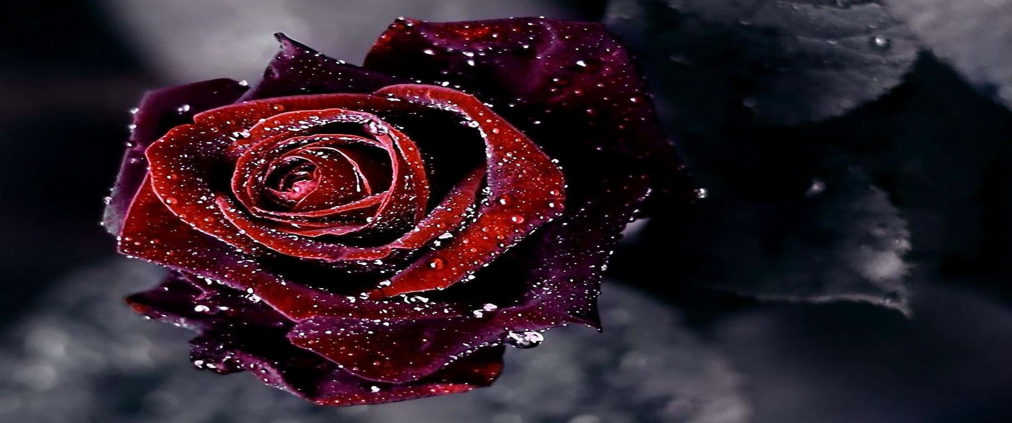 3440x1440p Roses 桌布 壁紙 — 深紅玫瑰的特寫，花瓣上閃爍著水珠，背景是暗色模糊的。