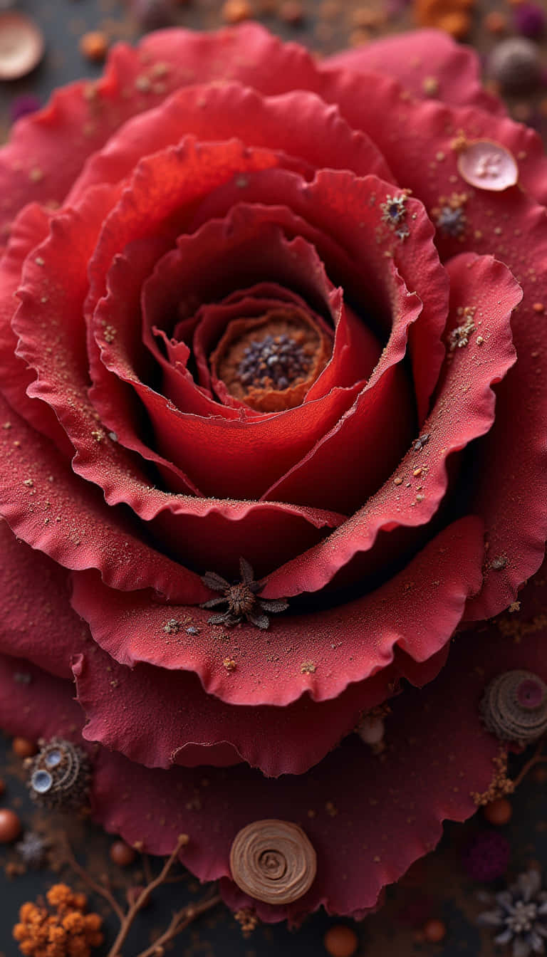 花卉 桌布 壁紙 — 深紅玫瑰的特寫，複雜的花瓣上灑滿金色微粒，周圍環繞著乾燥的植物元素。