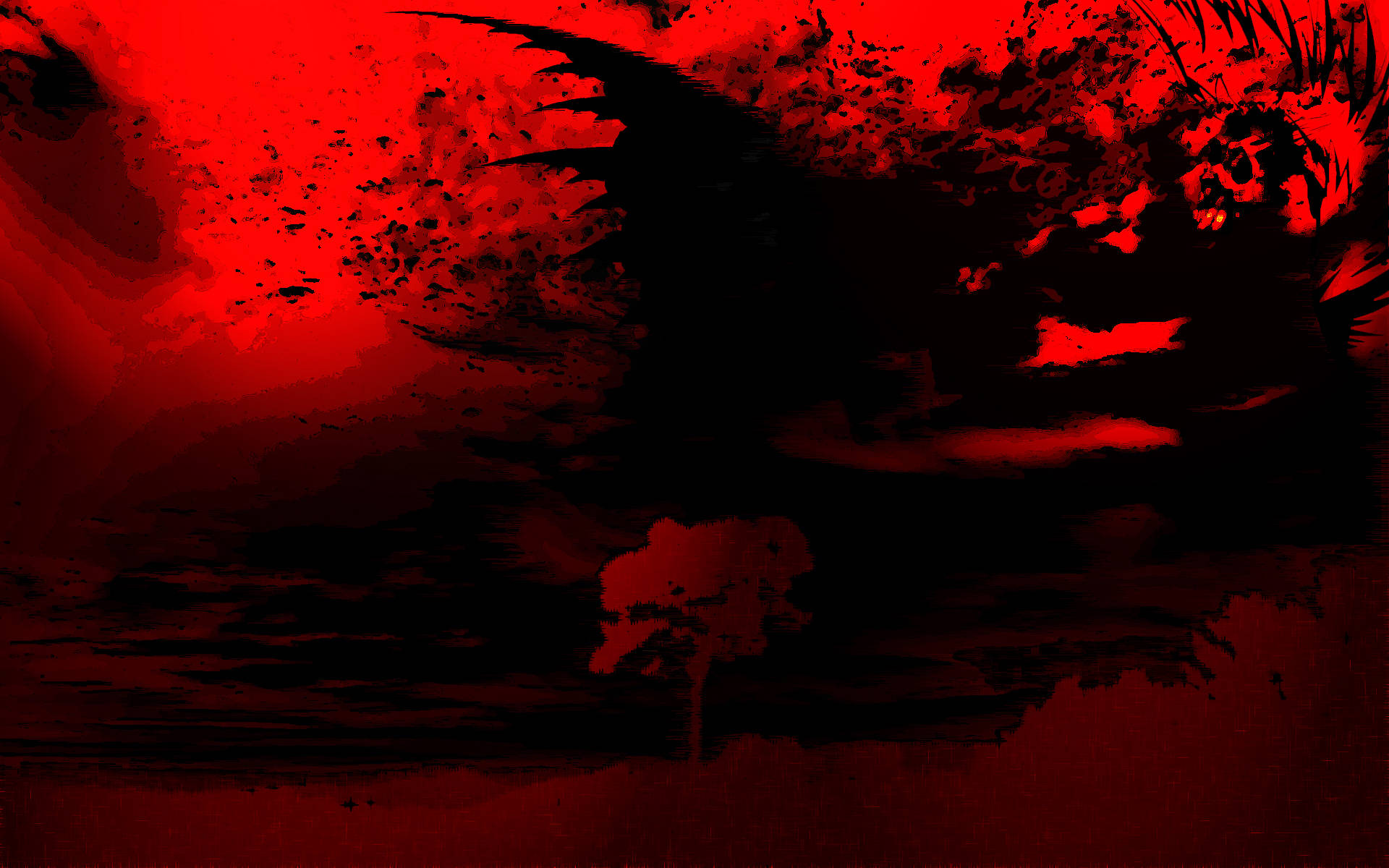 Cool Red And Black 桌布 壁紙 — 深紅與黑色的戲劇性抽象構圖，孤樹剪影映襯著火焰紋理的天空。