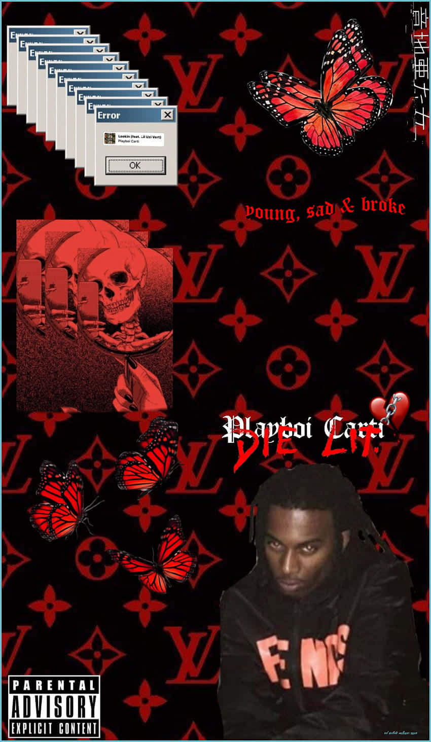 路易威登 桌布 壁紙 — 深紅色Louis Vuitton圖案壁紙，上面有Playboi Carti的肖像、蝴蝶、骷髏頭和錯誤彈出視窗。
