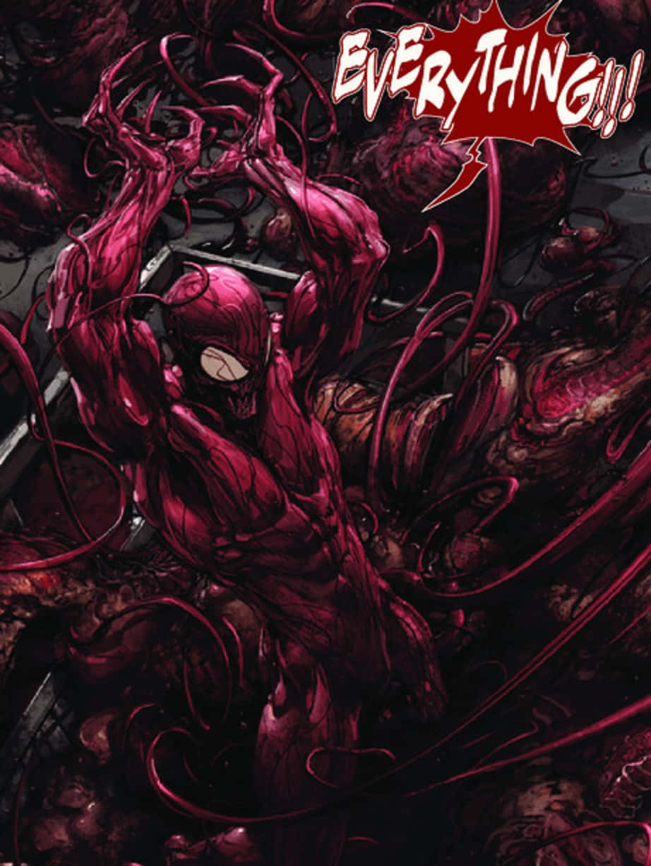 Carnage USA 桌布 壁紙 — 深紅色共生體蜘蛛人在黑暗有機背景下咆哮，觸手從身體爆發而出。