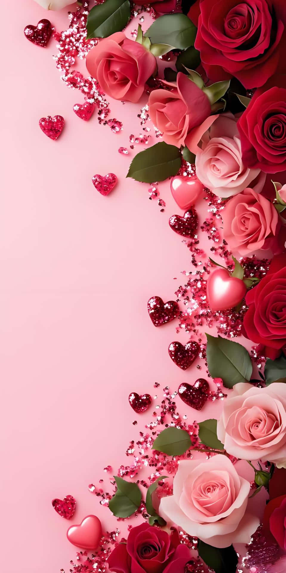 Rose & Heart Pink: Romantic Aesthetic Rose Wallpaper 壁紙 — 深紅色和柔和粉紅色的玫瑰、閃爍的心形和閃閃發光的五彩紙屑以對角線瀑布形式灑落在粉彩粉紅色的背景上。