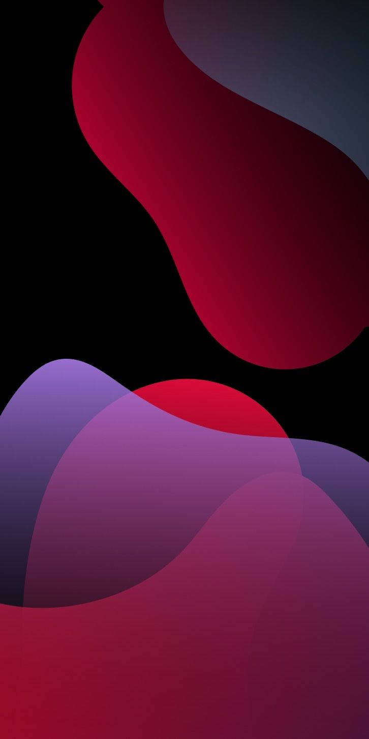 iPhone 13 桌布 壁紙 — 深紅色和紫色的抽象流動形狀在帶有柔和漸變的黑色背景上滑動。