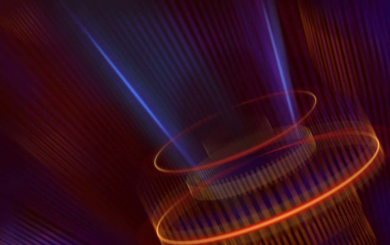 Hologram 桌布 壁紙 — 深紅色和電光藍色的鮮豔抽象光束從發光的中央螺旋向黑暗背景輻射。