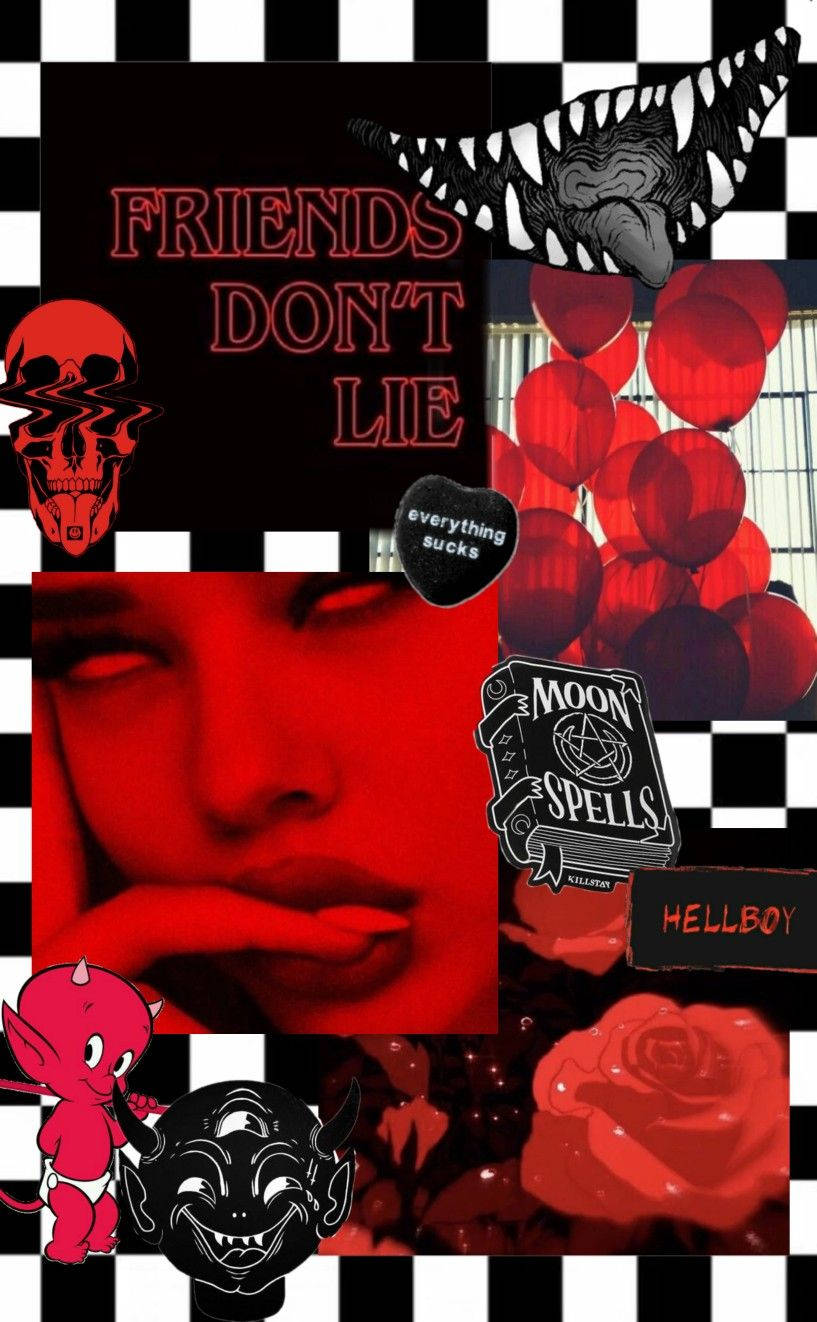 Goth Aesthetic 桌布 壁紙 — 深紅色和黑色拼貼畫，包含魔鬼圖案、骷髏頭、氣球和文字，背景為格子圖案。